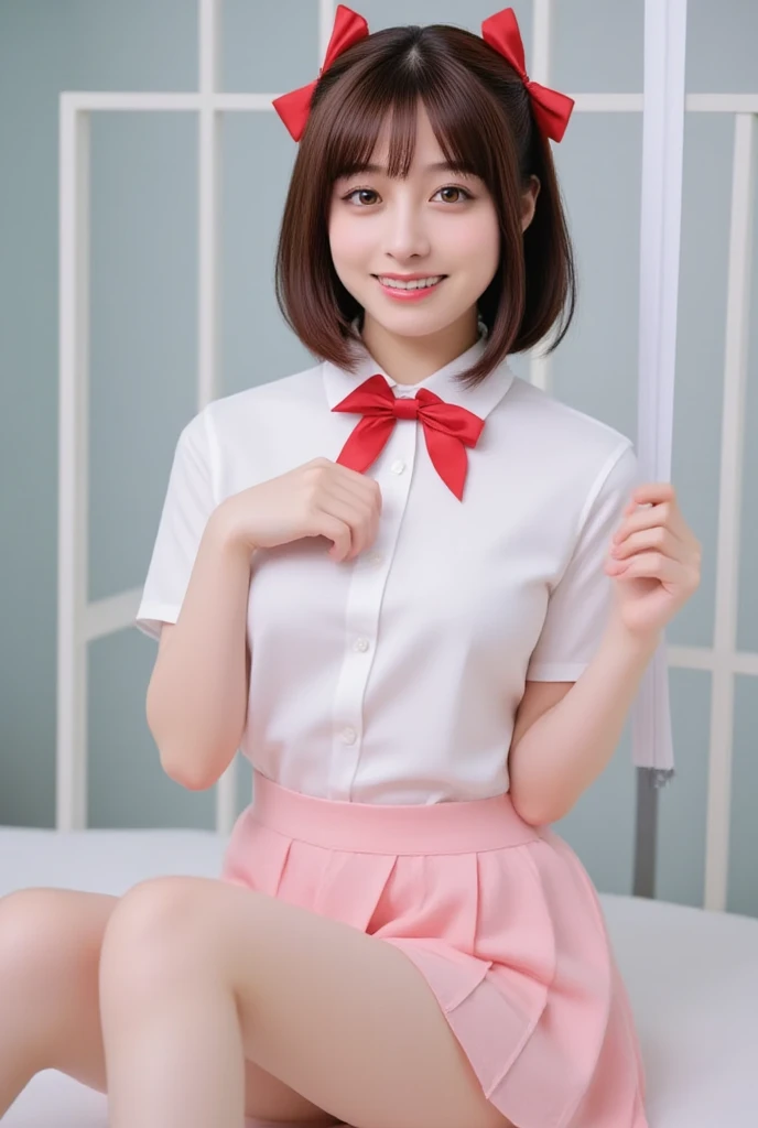 (highest quality、Tabletop、8k、Best image quality、Award-winning works), (Red eyeshadow:1.2)、Perfect Makeup、Long eyelashes、Ultra-high definition sparkling eyes、Ultra HD Hair、超High resolutionolution glossy lips、超High resolutionのPerfect Teeth、Ultra HD cute face、Brown Hair、(Very short straight hair:1.1)、Look at me and smile、[clavicle]、Accurate anatomy、With bangs、超High resolutionの輝く肌、The most detailed face、超High resolutionの詳細な顔、超High resolutionolution hair、Fashion model, 25 years old, [[[[chest]]]], [[[[head]]], [shoulder]]]]], Perfect Eyes, Perfect Iris, Perfect Lips, Perfect Teeth, Perfect Skin, Soft Front Light, shine, High resolution, (Soft colors: 1.2), highest quality, masterpiece, 超High resolution, (photoRealistic:1.37), RAW Photos, One girl, Long Hair, Beautiful Eyes, Beautiful Face, Detailed eyes and face,  Dynamic Lighting, In the Dark, Tabletop, highest quality, Realistic, Very detailed, finely, High resolution, 8k wallpaper, 1. Beautiful Women, Light brown messy hair, Realistic, High resolution, Only one girl , Wavy black hair, Brown eyes,  whole body, Big Breasts, chestの谷間, Pose Random, 8k, Very detailed, High resolution, To the camera,  (Very Realistic, High resolution), ( Very fine grain, Very fine hair, Very detailedな顔, Very detailedなふっくらとした唇), (school uniform), chest,  Loving smile,  (highest quality: 1. 4), RAW Photos, (Realistic, PhotoRealistic: 1.37), Browsing Caution,highest quality, Best image quality, RAW Photos, Realistic, Photorealistic, Very detailed and beautiful, Best details, One Girl, good looking, Beautiful white skin and glow, Beautiful Eyesは大きくて明るい, Small mouth and thin lips,JP ,22 years old,face,looking at viewer,cowboy shot,