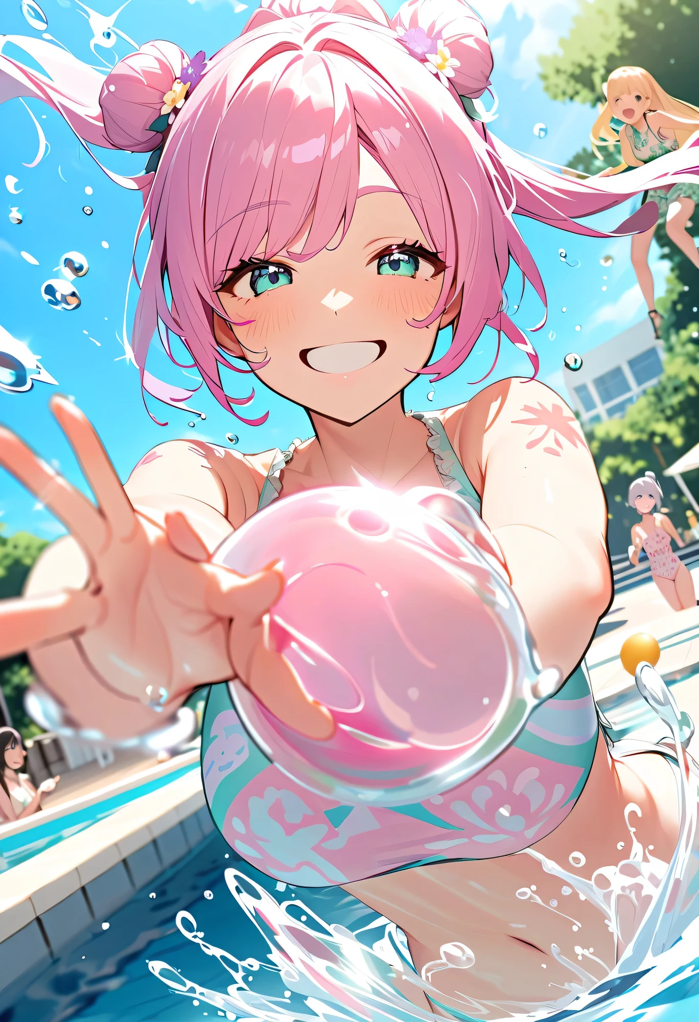 best quality、detailed background、Big Breasts、perfect body line、ponytail、twin tails、Clear summer sky、lively s、bright and energetic atmosphere、Neighborhood pool、spilling water together、 laughs innocently、sunburn marks、Transparent float、
(Two girls playing with a smile while splashing in the pool:1.5)、
girls playing happily、diving and suddenly showing their faces and laughing at each other、pastel colored separate swimsuit with frills、pink flower pattern top、mint green bottom with ribbon、cute