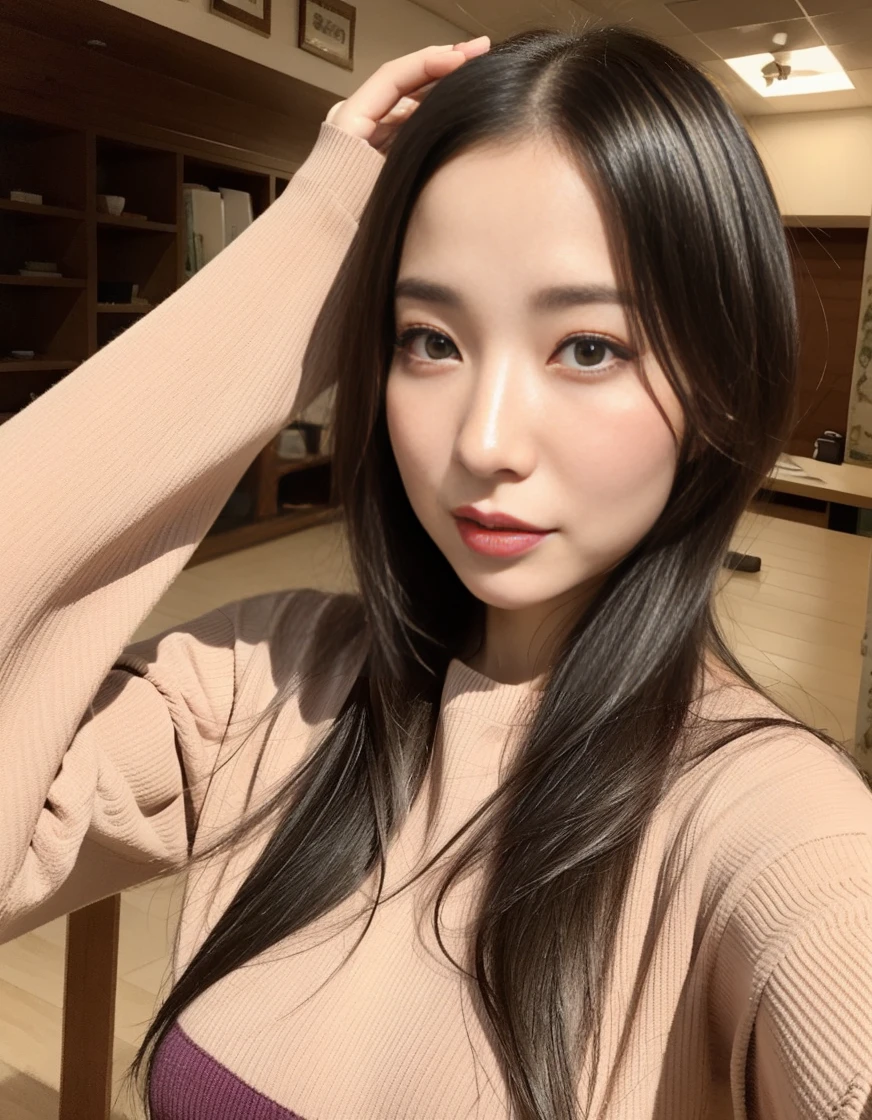 (RAW Photos,Realistic, Photorealistic: 1.4, masterpiece, highest quality), 8k, 1. Beautiful Japanese Women, alone, 20-year-old, Cute Smile, Fairly medium-sized breasts, Beautifully detailed round eyes, Droopy Eyes 1.3, (Blonde and dark brown mixed hair:1.2), Long Wavy Hair, (Highly detailed face and skin texture), Dress calmly and study in the library,
