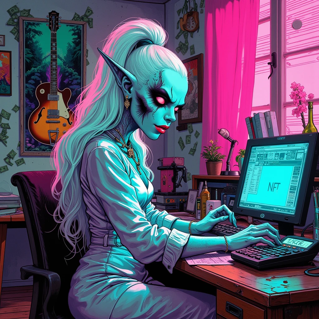 Bright white vintage woman with the face of a handsome monster Meigo Neon sharp colors graceful articulate working in her home office, on the wall has a guitar and a guitar painted, Counting green dollar bills, sitting at the table with a calculator large red LED with numbers, computer with blue screen written NFT IN WHITE, office, in Leonardo da Vinci style with neon pastel COLORS LOCAL ON A VERY BRIGHT WHITE BACKGROUND