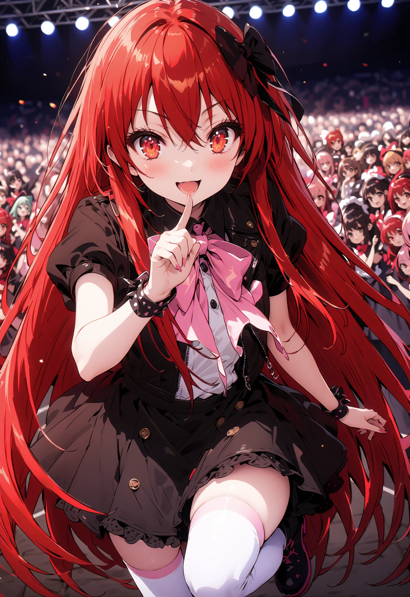 score_9, score_8_up, score_7_up, source_anime,,Shana ,solo, very long hair, red hair, red eyes, stupid hair,small, small ,smile,blush,open your mouth,idol costume,dress,collared dress,jacket,cropped jacket,Short sleeve,bowtie,bow,button,villages with,(white knee-highs:1.2),boots,アイドル歌手がライブ ステージで熱狂的に歌うシーンillustration,the idol singer stands in the center of the stage, idol singers sing with microphones , idol singers are serious and impressive ,The singer's voice is strong and beautiful. , fans gather around the stage , fans sing and dance with idol singers Idol singers who do things ,The Big Picture, Various colored lights ,,break looking at viewer,full body,
breakindoors,Concert Hall,
break (masterpiece:1.2), best quality, high resolution, Unity 8Kの壁紙, ( illustration :0.8), (beautiful detailed eyes:1.6), Highly Detailed Face, perfect lighting, Highly Detailed CG, (perfect hand in h, perfect anatomy),