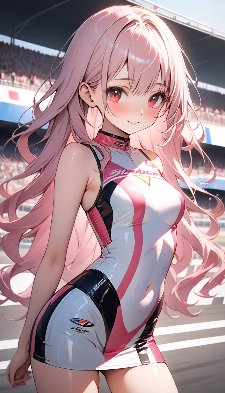 (8K, masutepiece, Best Quality, Official art, beautiful lighting, The best masterpiece in history that exceeds limits, beautiful detailed), (1 Girl, Solo), (sixteen years old), (beautiful detailed face), (shiny white skin), (Beautiful big bust, cleavage, thighs, navel:1.3), (beautiful detailed pink twin tails hair, Bangs:1.3), (beautiful detailed drooping pink eyes:1.5), (Race queen uniform, short length tight shirt, pastel pink short length tight skirt:1.3), (long boots:1.3), (happy smile:1.2), (Attractive, sensational, Look at the camera, cute pose, standing), breathtaking scenery, (ultra detailed realistic Beautiful Racing car circuit, sports car, blue sky:1.2),