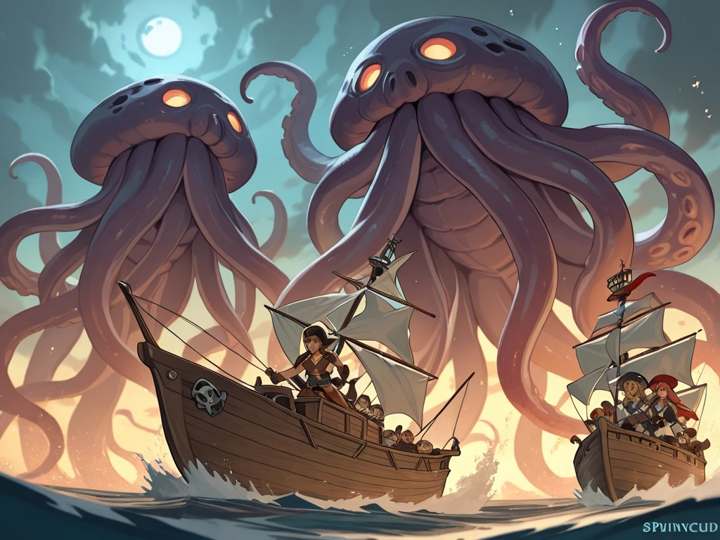 Positive prompt:
nautical-themed A colossal kraken emerges from the depths of the ocean, its tentacles stretching towards the surface. Its body is covered in bioluminescent markings that dance and shift in response to the currents. The sea around it boils with activity as schools of fish dart away from the monstrous cephalopod. On the horizon, a pirate ship sails towards the beast, its sails billowing in the salty breeze. The crew readies themselves for battle, their weapons glinting in anticipation. Will they be able to tame the kraken and harness its power, or will they fall victim to its wrath? The fate of the seas hangs in the balance as this epic battle unfolds. . sea, ocean, ships, maritime, beach, marine life, highly detailed