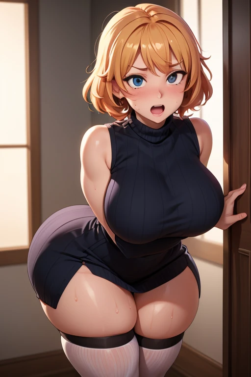 MEM cho, armpit, standing, mouth open, looking at the camera, sweaty, huge, from the front, plump, thick thighs, anger, tight dress, mature woman, tongue sticking out,