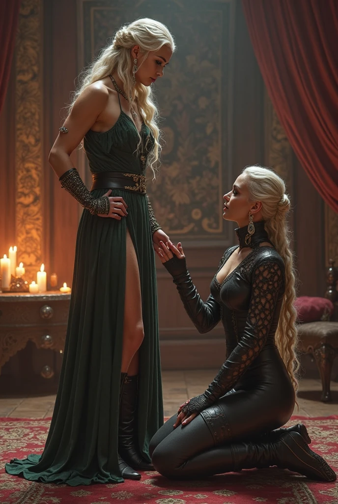 Game of Thrones, Deinris Targaryen, dressed in a sexy black corset, Correia, high-heels, posing doggy style,is in a strip club