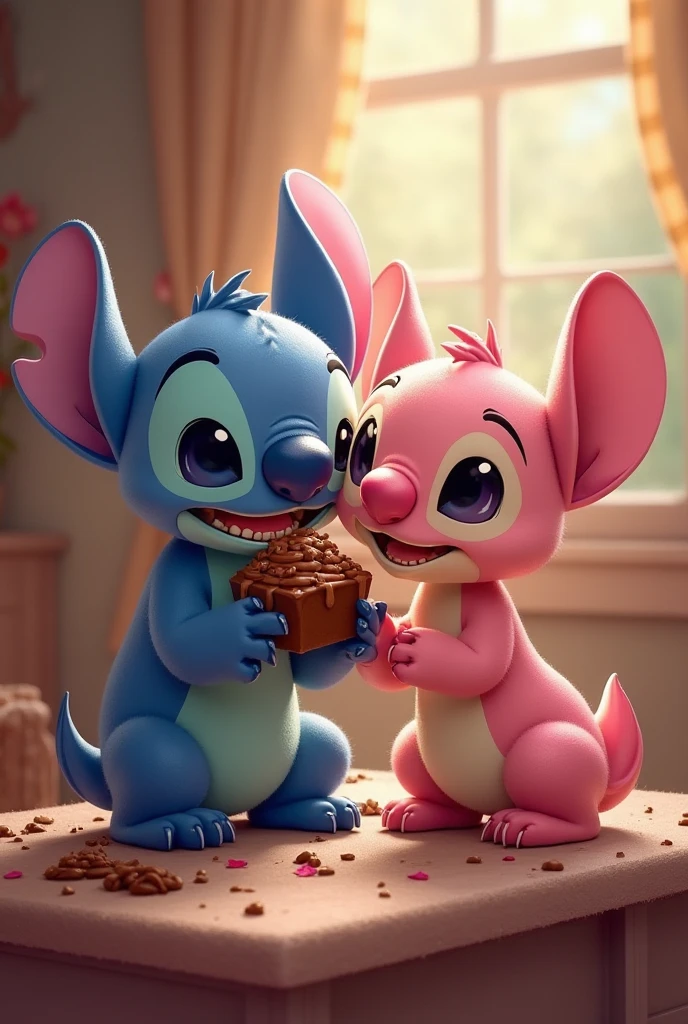 Cute 2d animation, Winnie the Pooh and Stitch eating cake, colorful, cheered up