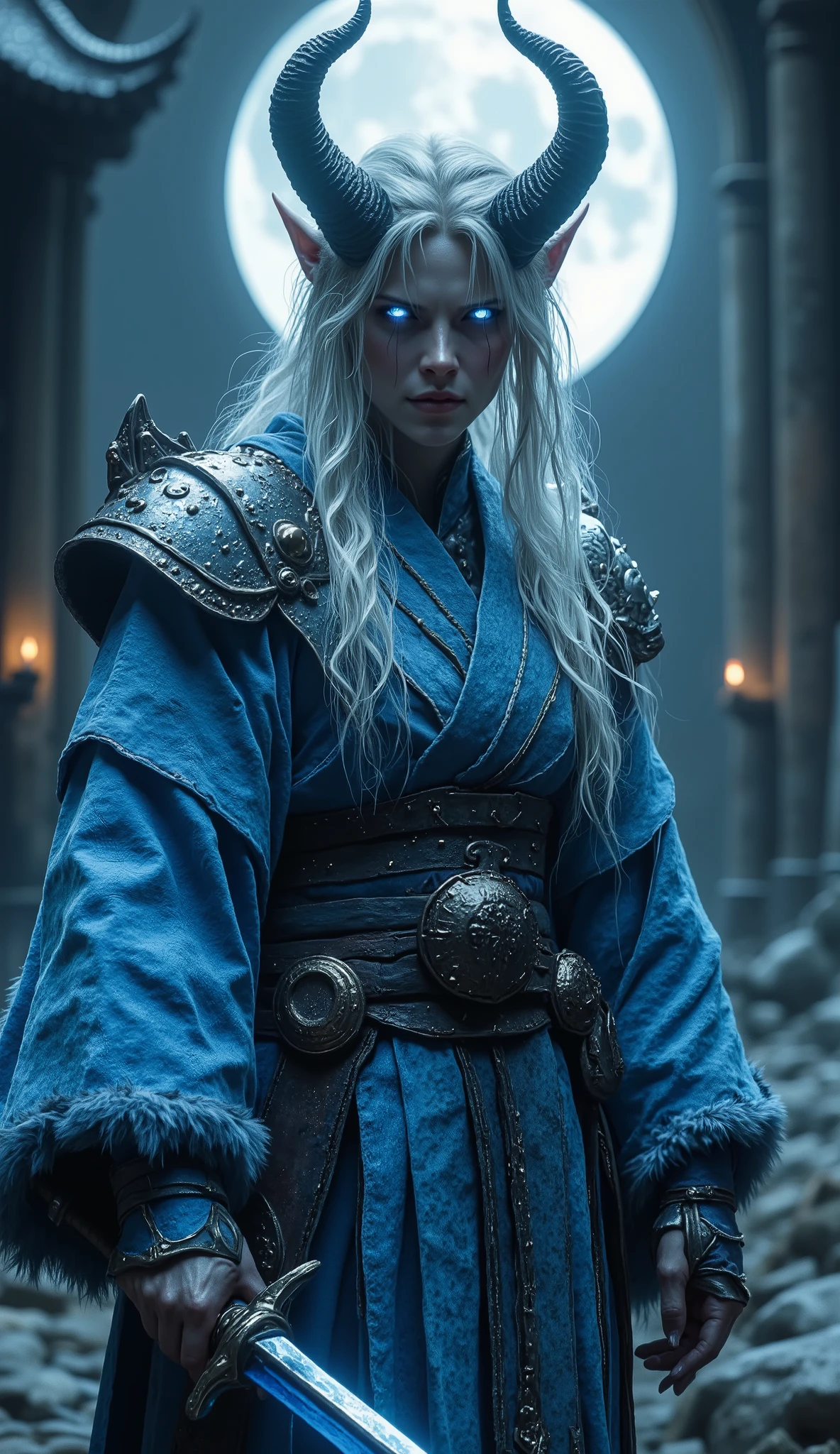 ((masterpiece, best quality, high resolution)), Oni Oni, ( realistic: 1.4), Alone, blue yukata kyudo,Temple,Full moon night, blue furry sleeve,Demon's Appearance、Battle stance、 female incarnation、 Confronting Attitude、 Open Your Mouth 、 is staring、Angry Tekken 、 Sense of Speed 、woman、