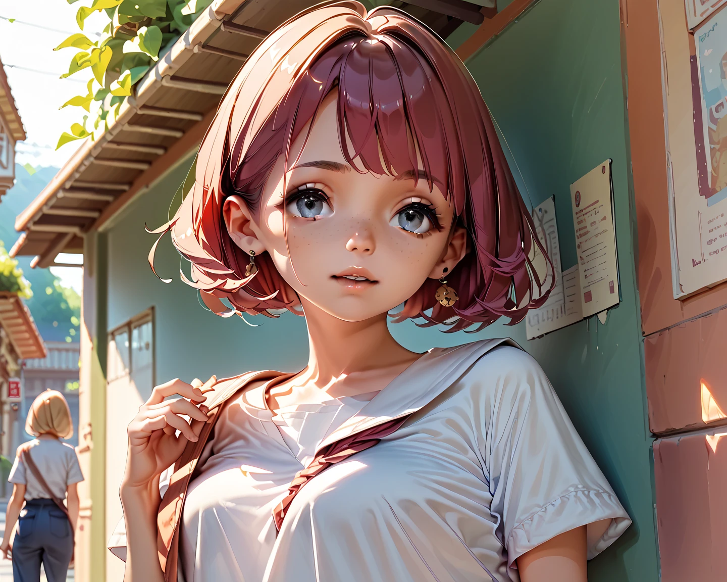 masterpiece, best quality, highres, serena \(pokemon\), short hair, blue eyes, 1girl, solo, blue ribbon, eyelashes, neck ribbon, sleeveless, bangs, collarbone, bare arms, pink dress , red coat, white background, front, no scenery, looking at the viewer,upper body, facing viewer, solid color background, clean background, facing the camera, high resolution, expressionless calm face, white back ground, looking away, simple_background