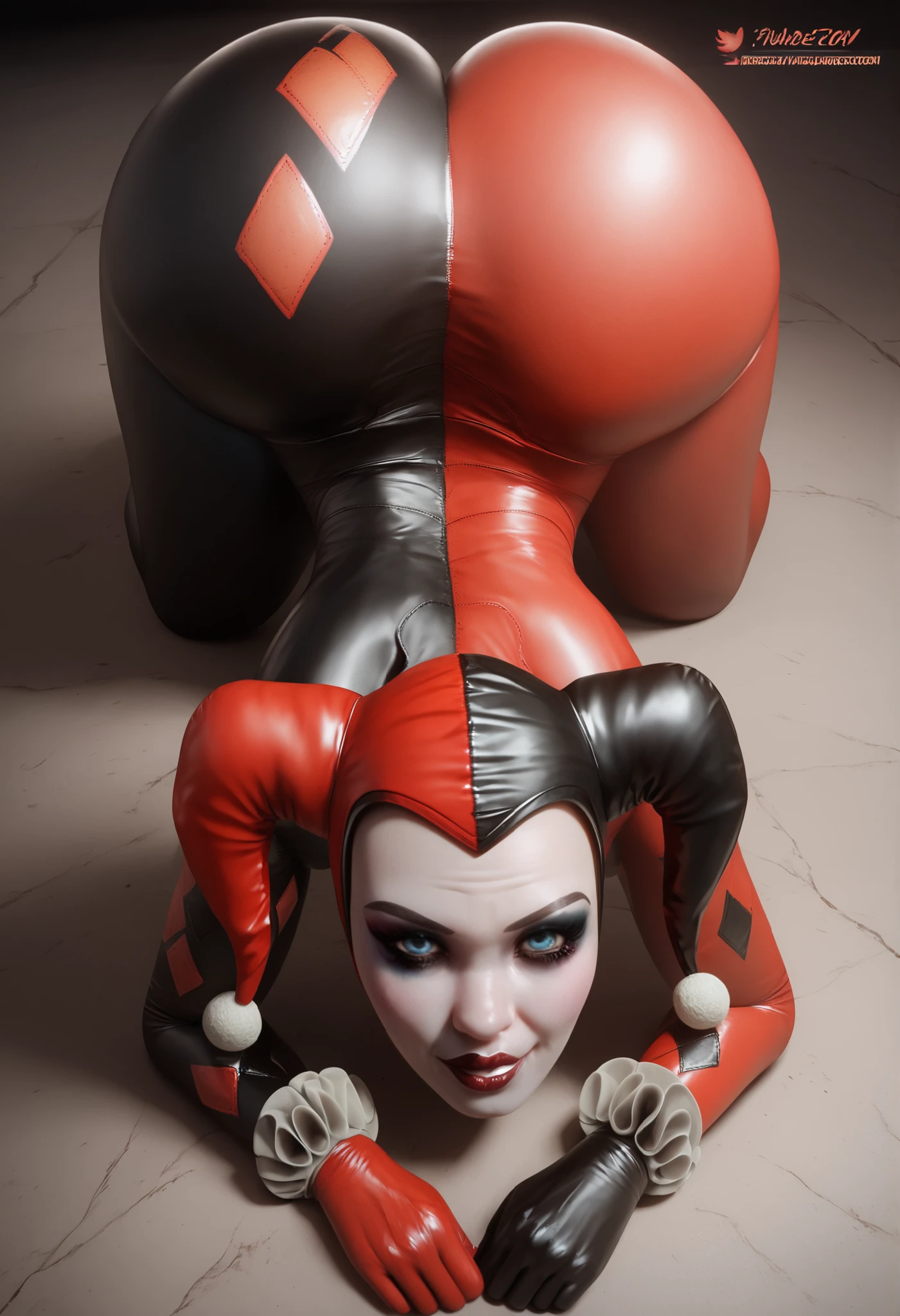 score_9, score_8_up, score_7_up, highres, BREAK, best quality, Harley Quinn, Harley Quinn outfit, blue eyes, source_pony, expressiveh, highly detailed, (voluptuous girl), (ultra HD quality details), Very detailed, sexy body, 1 girl, looking at viewer, back girl view, full body, (full outfit), (full clothed), nsfw, Big and sexy ass, real style, Big ass, realistic, 3dcg, huge ass, d3t41l3d, (solo), harleyharley, full bodysuit on, on all fours, all fours pose, ass up, all fours sexy pose