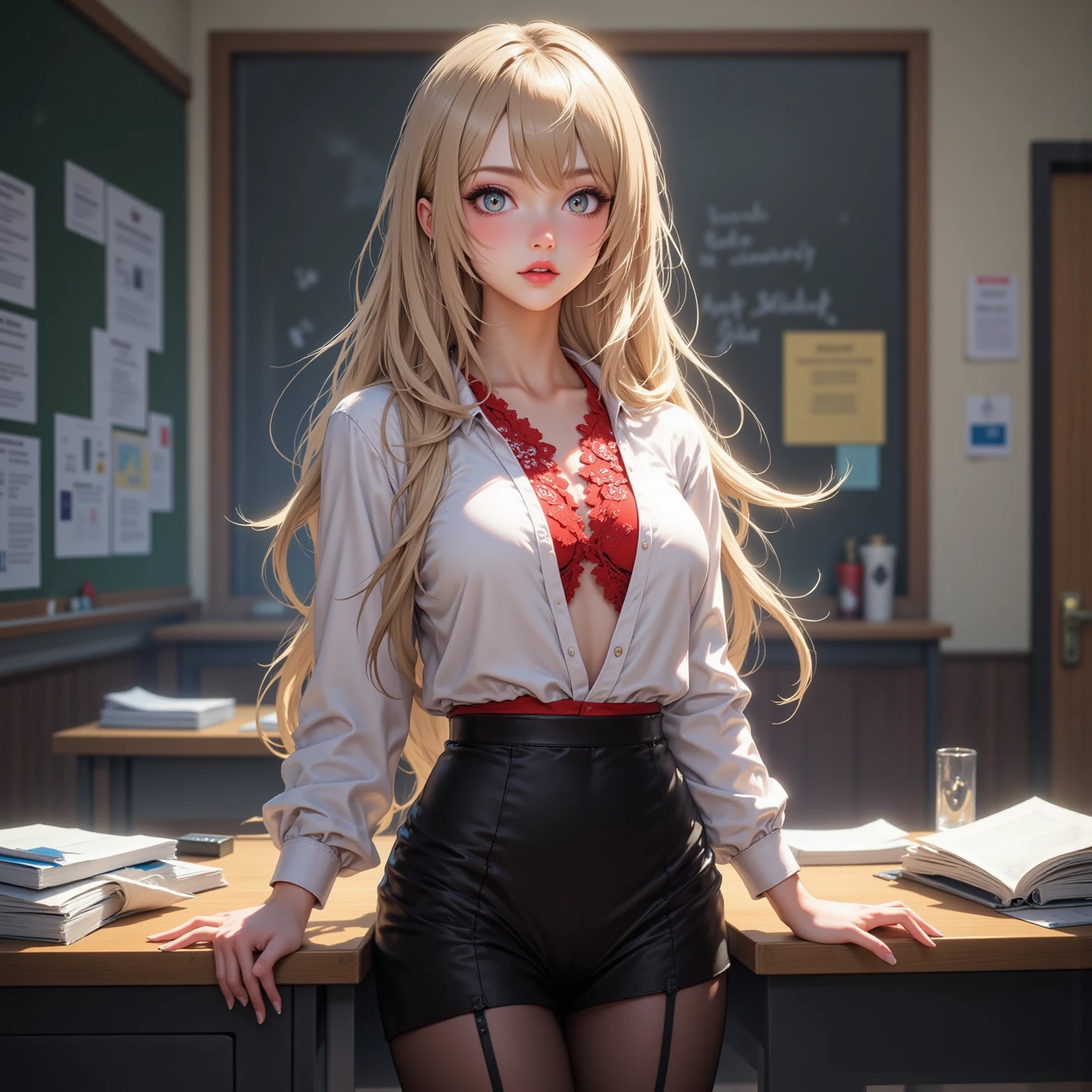 Masterpiece, 8k, very detailed, foto quality, best quality, Hermione ,long blond hair, pigtails,glasses, tight white button-up shirt, neck tie, short skirt, high heels, ((huge boobs))+++, huge button gaps, (bursting out)+++, standing in class room with other female wizards --auto --s2
