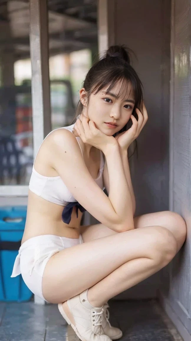 High school Asian girl with high ponytail spread her legs with pajama shorts and loose tank top and exposed belly on her knees while looking up to camera