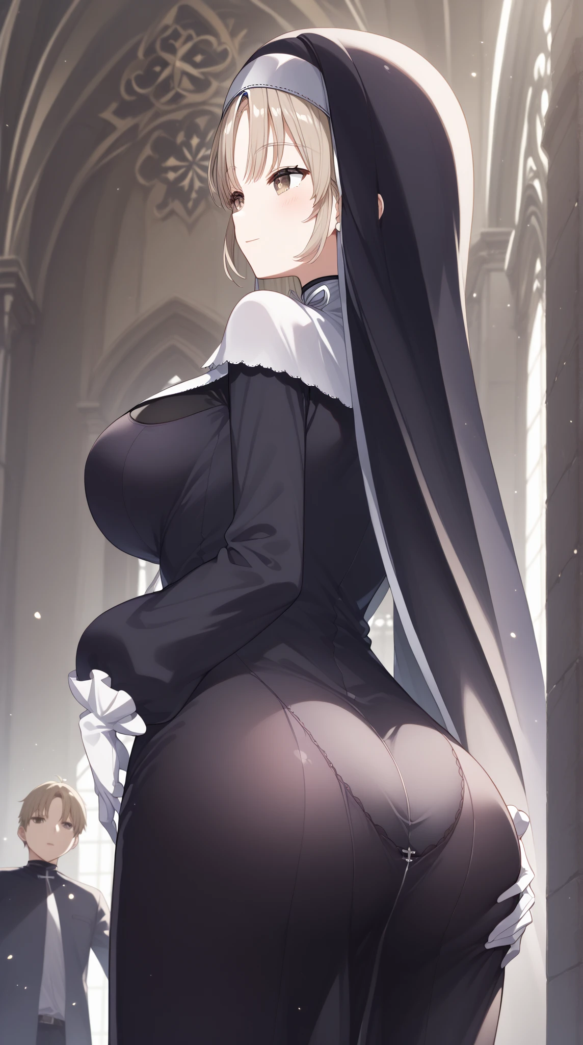 score_9, score_8_up, score_7_up,source_anime, high resolution images,masterpiece,best quality,girl,cute face,beautiful skin,good for shiny hair,super detailed eyes, Historical facts about Japan, embellished panties, sc1, long hair, brown eyes, light brown hair,  Split Bang , nun, habit, capelets, white capelets, dress, black dress, gloves, white gloves, zipperlight brown eyes,8k、 super high resolution in the shot 、 on a crowded train、  Overpopulated  、Woman surrounded by crowds、 Zito-eyed girl、Big Breasts、(Man grabbing a woman's butt)、(Structures Seen from Below )、(man touching a woman's butt:1.5) 、 crouching woman、Back view of a troubled、woman who doesn't seem to like it、(ピンク ベージュのlong hair )、Back view of a troubled、woman who doesn't seem to like it、configuration、イキ顔、ahe face、