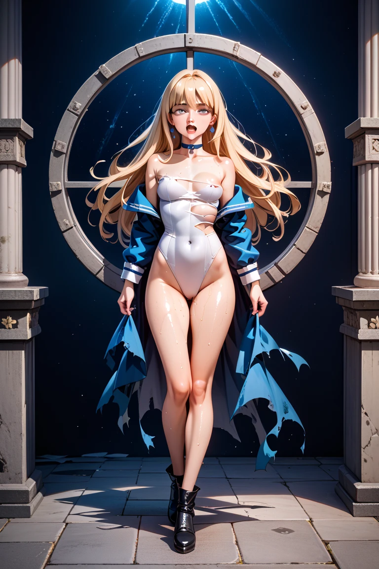 (full figure:1.1), moaning in pain, feeling pain, tearing, sore, crying, bust botox, (sleeping beauty on back:1.4), wet skin and hair, hard , blonde hair, (White shirt, naked lbody, torn, mid-chest torn shirt, no underwear, shirt covers Live ass), (make priestess:1.5), perfect body, open (perfect body, small ke), fashion realistic, high-definition sysie details, photography , sharpness, unique 850 4, koda850 k portrait camera, f1.6 lens, rich colors, super realistic texture, spectacular light texture, surreal art, Cinestil 800 fashion mechanism, scared to tears, full of tears, obey the pain, moan in pain, grimace in pain, ahegao, head back, bodypaint, thighhighs, boots, dress, yellow eyes, thigh boots, blue long boots, blue footwear, covered navel, breastplate, sh armor, gloves, white dress