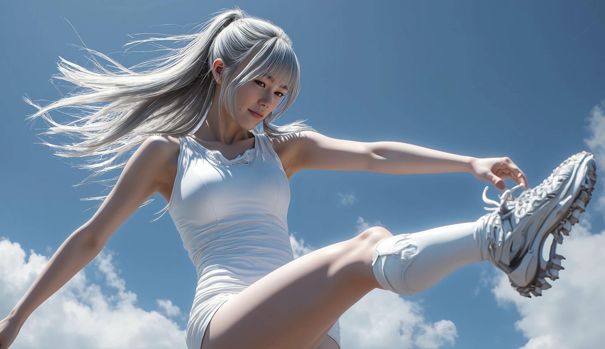 (masterpiece), best quality, 3d rendering, reality, 1 Point Perspective, Feet Kick Out the Screen, Film Composition, girl, solo, ( mature:1.1), handsome, handsome temperament, Highly Athletic , smooth skin , Big Breasts Perfectly Upright, asymmetric hair, wind, silver hair, light blue eyes, Perfectly Round Pupils, Eye Reflections B