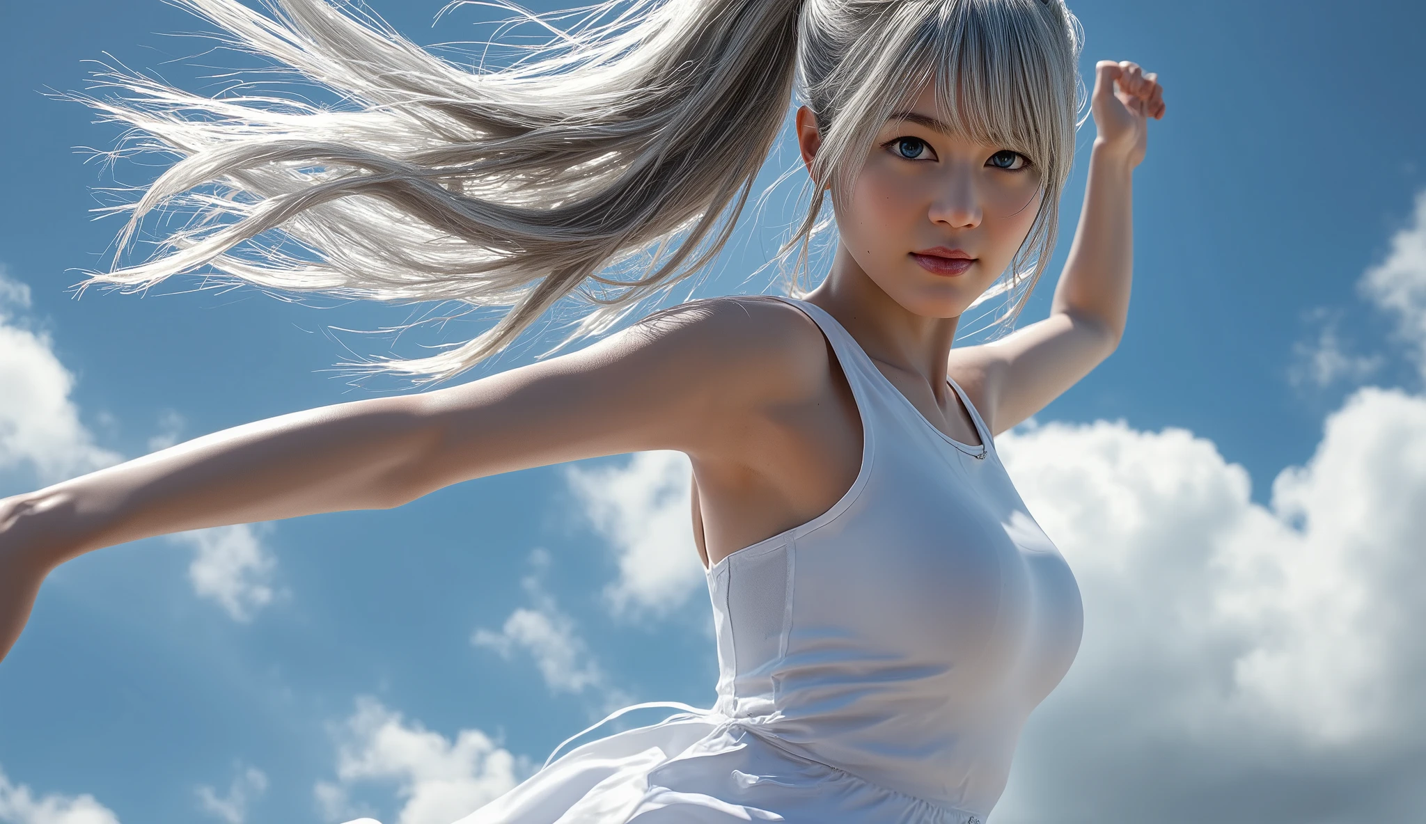 (masterpiece),  best quality, 3d rendering, reality,  1 Point Perspective, Feet Kick Out the Screen,  Film Composition,  girl, solo, ( mature:1.1), handsome, handsome temperament,  Highly Athletic ,  smooth skin , Big Breasts Perfectly Upright, asymmetric hair, wind, silver hair, light blue eyes, Perfectly Round Pupils, Eye Reflections B
