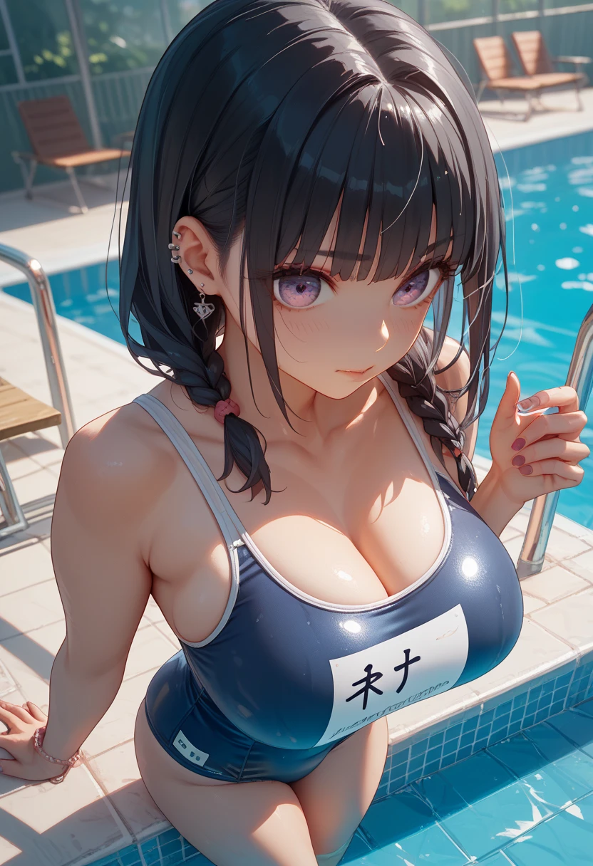 Getting wet in a swimsuit at the school pool、1 Girl, Super huge , alone, , high school girl、 Rear View, , Cleavage, Big Breasts, Brown Hair, blue eyes, Looking at the audience, Thigh bangs, smile