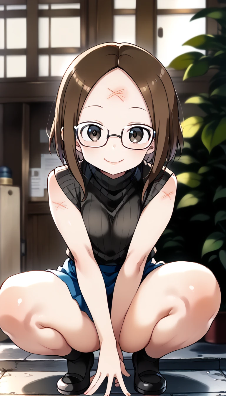 masterpiece, best quality, 1girl, solo, blush, smile, brown hair, hair ornament, brown eyes, glasses, hairclip, masterpiece, expensive quality, very_expensive_solve, big_file size, full color,(completely nude:1.2),pussy,niplles,flat chest,