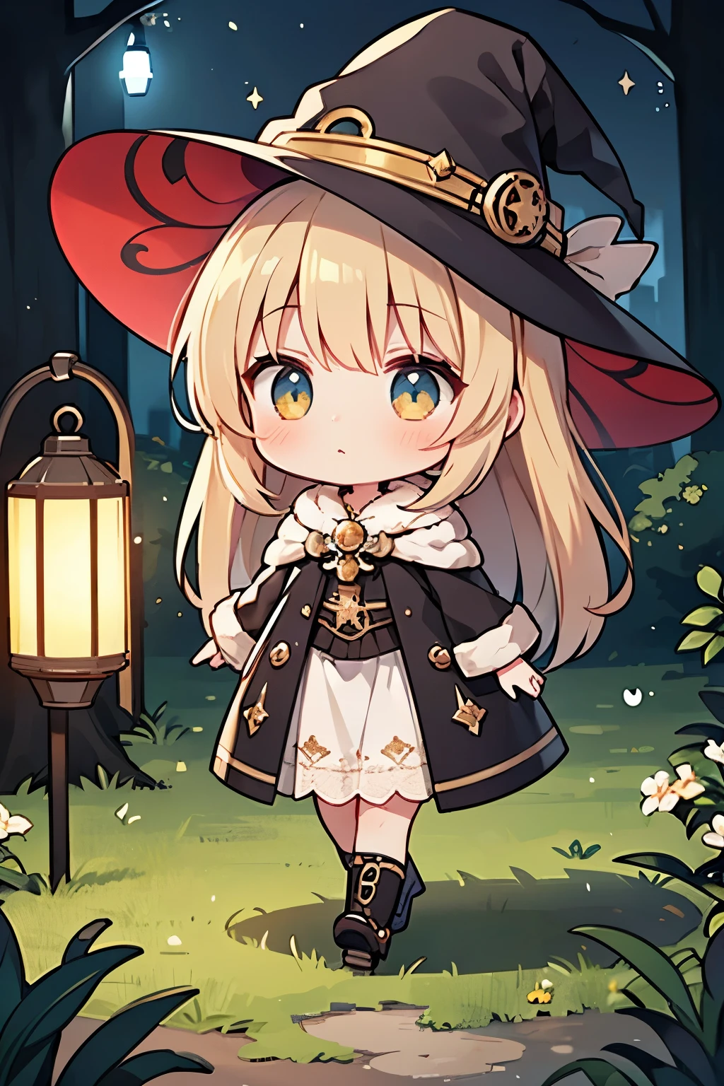 steampunkai。one girl。Cute Witch。( chibi)。light brown fluffy long hair。The lantern with the light on(Just one)Raised 。Walking while worrying about the surroundings。The background is a completely dark magical forest。