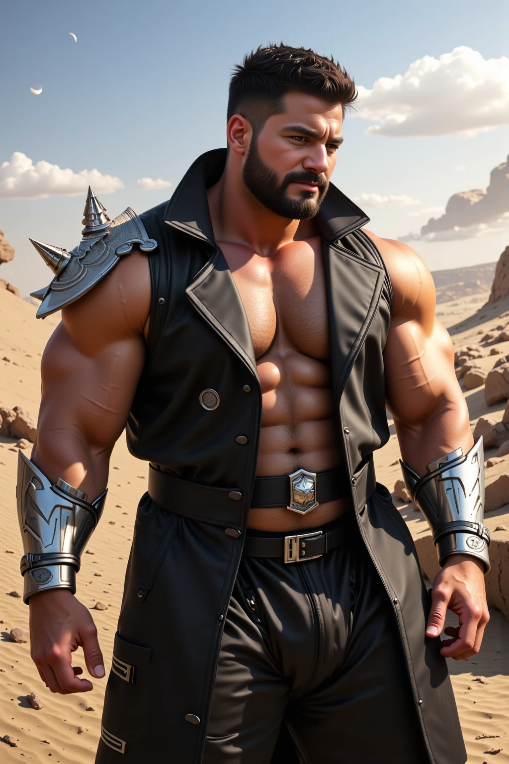 masterpiece, bestquality,(wallpaper), posters, extremely detailed cg unity 8k wallpaper, ray tracing, Cinematic lighting, blurry foreground, Combat stances, 1boy, bara, Orkney, Armor, sword, Nipple cutout, Bare teeth, tattoo, chains, shackles, wrist,(Tribal civilization:1.3),( Heavy stone knife), (is,) Tribal background
