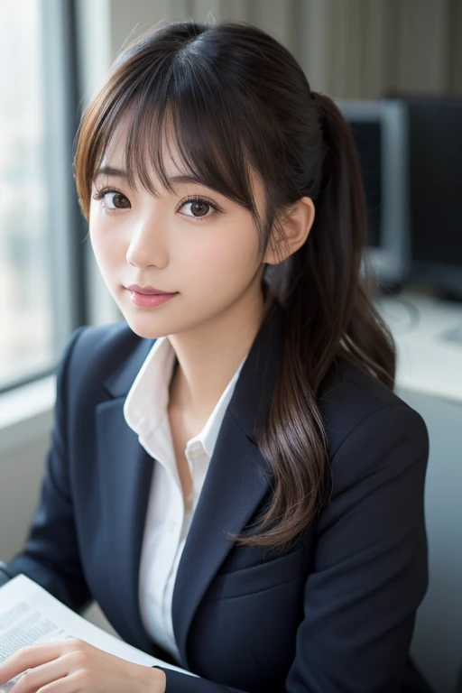 ((multiangle, masterpiece:1, best quality:1.4, ultra highres:1.2, photorealistic:1.4, 8k resolution)), absurdres, ultra detailed, ((from front, close up:1.5)), (detailed beautiful skin and face, 1 cheering girl), (20 years old), sharp focus, soft lighting, (make up:1), petite figure, ((exposing arms)), (wearing grey suit, grey mini skirt, open jacket), from behind, office room, desk, (huge breasts:1.75, large pelvis:2, muscular body:1, chubby:0.75), (detailed brown pigtails-hair:1), realistic glistening skin, sexy pose, indoor,