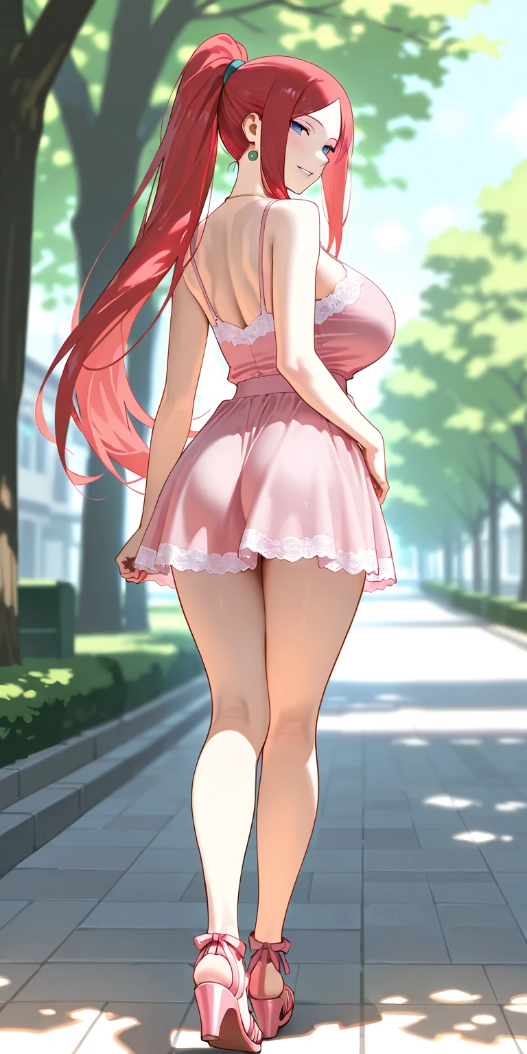 1 girl, 19 years old, Long pink hair, green eyes with slit pupils, master-piece, best quality, (standing up), (short dress), (floral, spaghetti strap, short blue summer light blue dress),  (Big , ultra gigantic , Super super big, Glamorous body), Make eye contact with the camera, front figure, looking forward, (light_Smile:1.5), (Detailed hands and fingers:1.2) (In the sunny park), (FULL BODYSHOT), thighs thighs thighs thighs、beauty legs、Bare legs