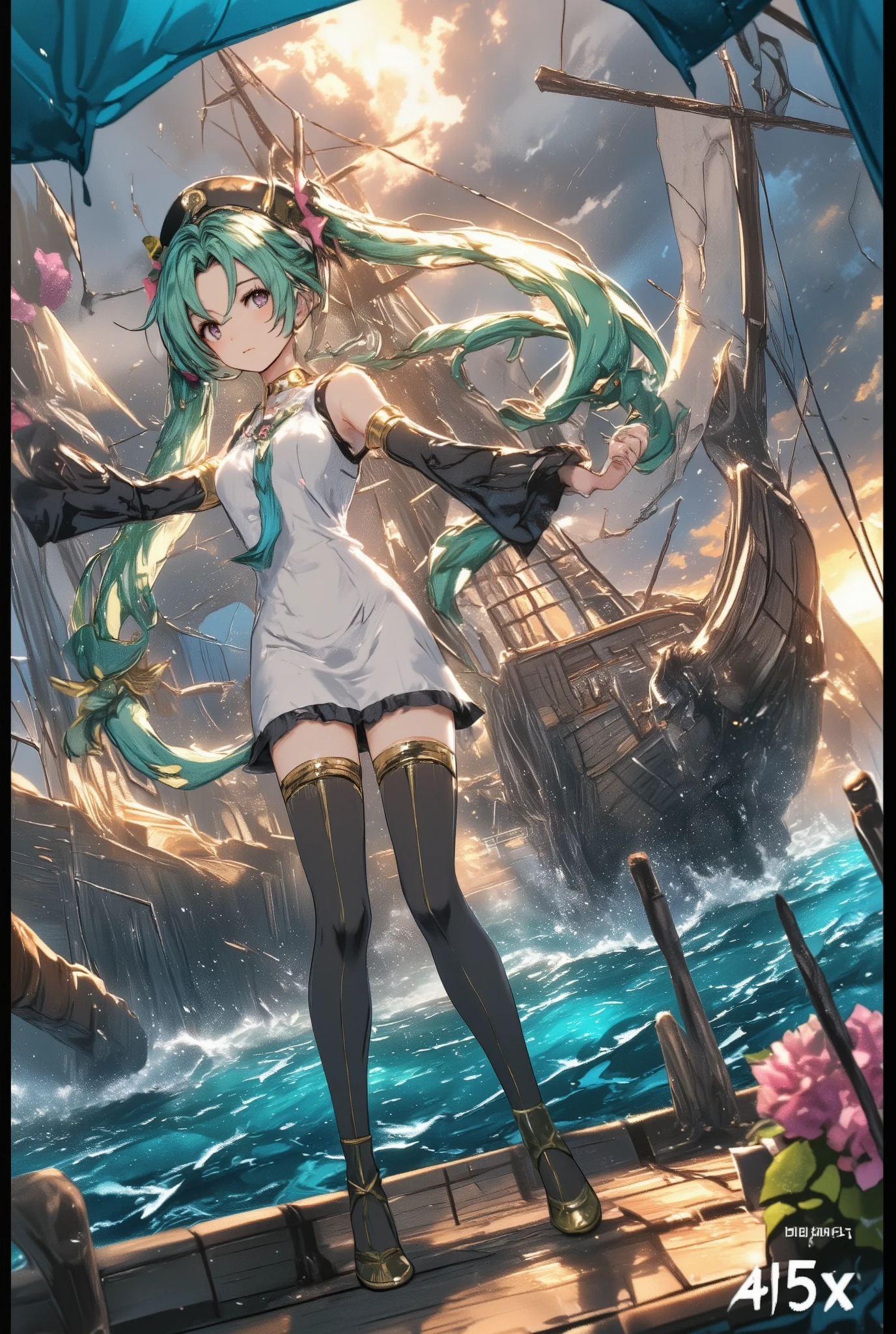 ( masterpiece、 best quality、 best quality、Official Art、 beautiful and beautiful :1.2) Hatsune Miku、light green twin tails, beautiful breasts, 大航sea時代、sailor clothes、Wooden sailing ship、deck、sailor clothesを着た女の子、sea、A very large sailing ship、has a very large hull、its sails are big and luxurious、rain clouds spread all over the sky、Light Shines 、 Heavy Rain、High waves、荒波を航seaする、 realistic image framed with flowers、