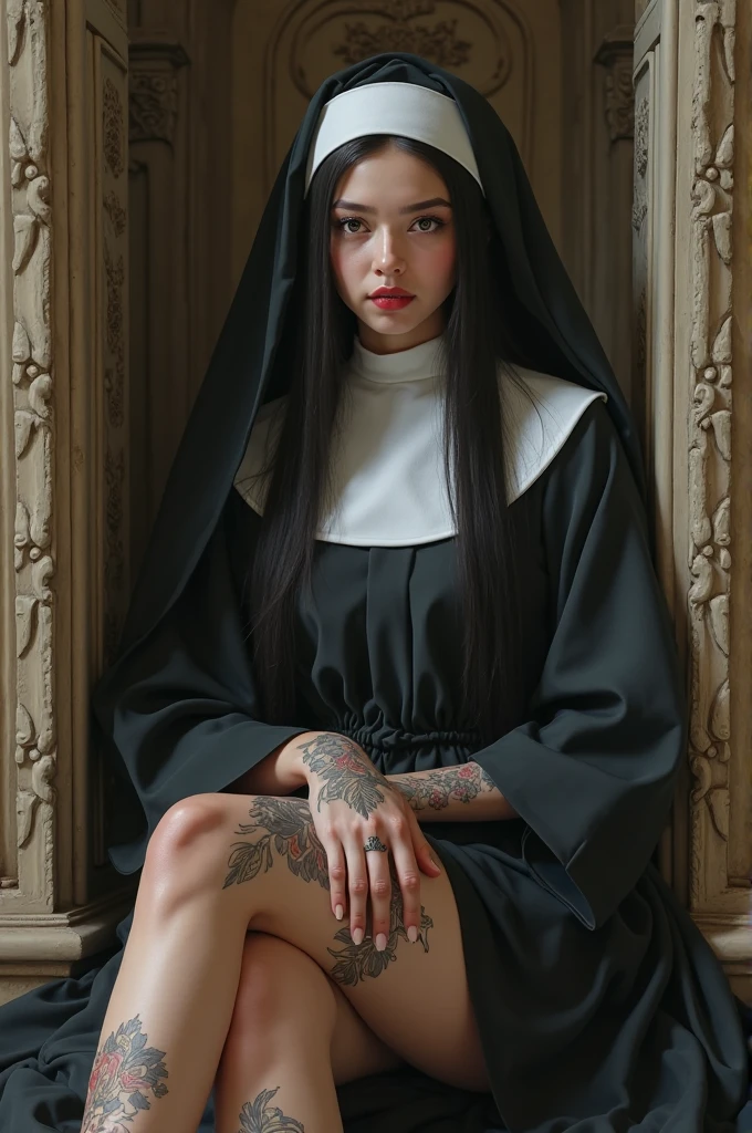 Black haired red eyed tattooed nun giving middle finger