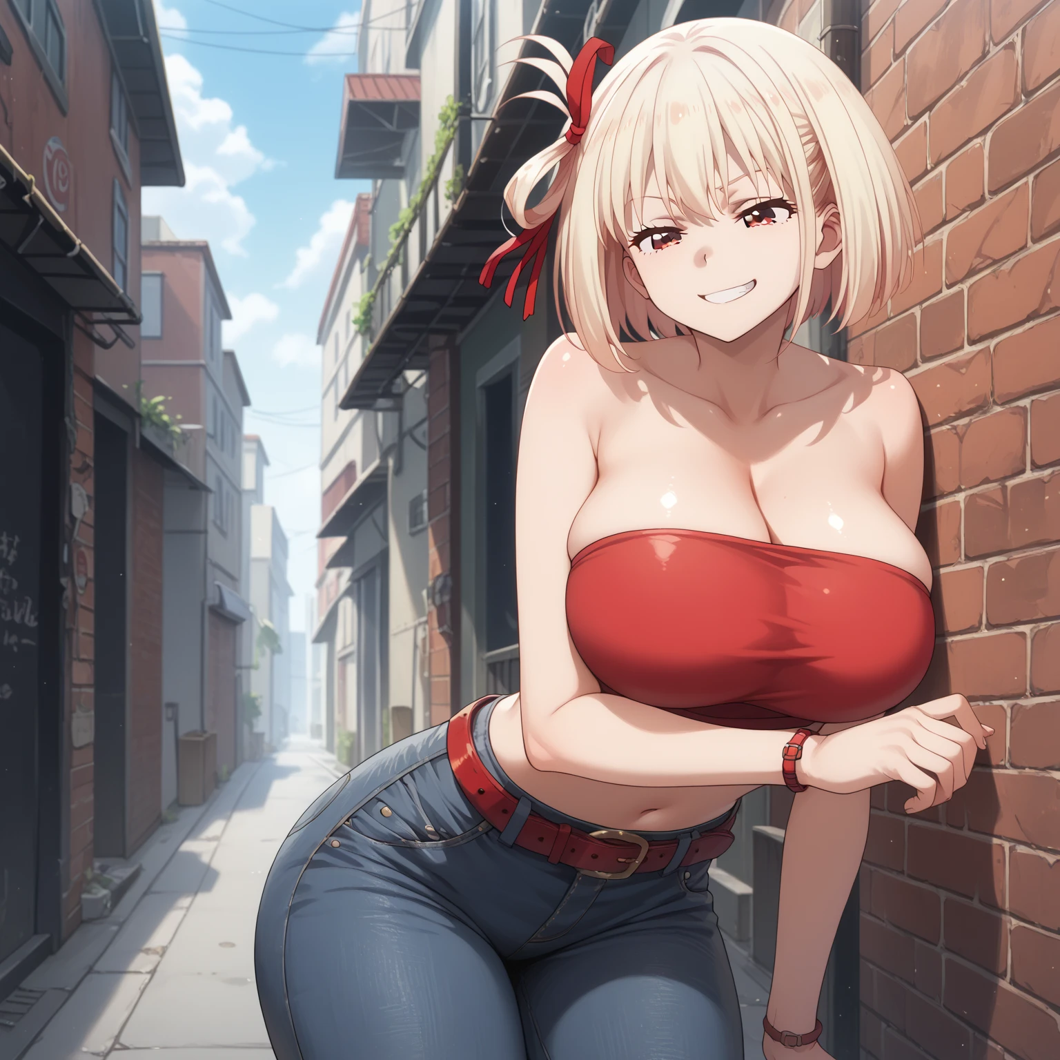 best image quality、high quality、girl,In the back alley、between buildings、at back alley、denim、black tank top、belly button、Hesochira、big breasts、big 、魅力的なvalley、valley、beautiful nipples、Lifting clothes yourself、(((Lifting clothes with your mouth)))、narrow、fold your hands behind your back、?????、cloth_lift,throw,?????????????、Upper body, blush、((thinly opened eyes:1.1)),Looks embarrassed、Moon glare, Bokeh, written boundary depth, blurred background, Senzoku Nishikigi、Blonde short bob、red eyes、red ribbon