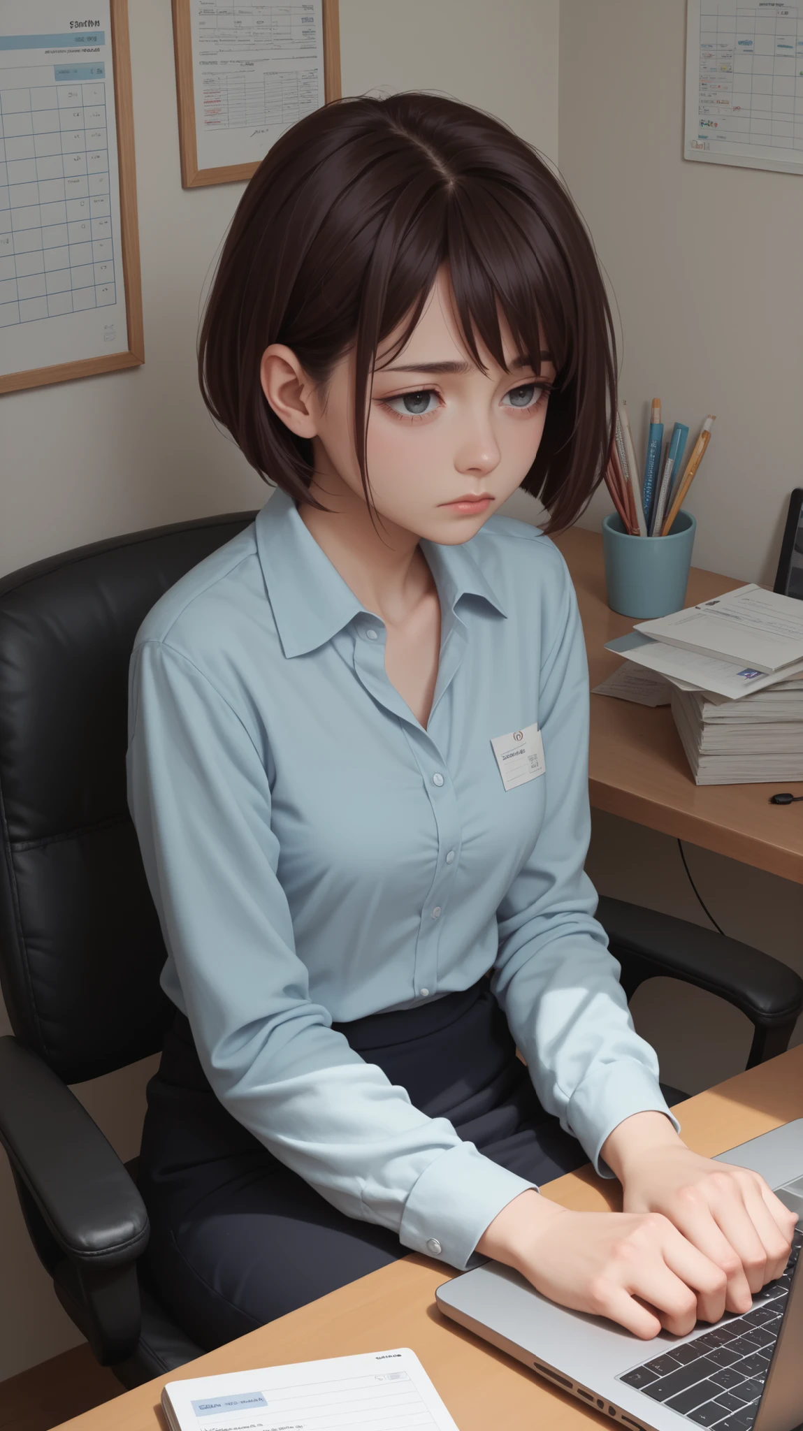 anime-style girl, early 20s, Japanese office worker, bob haircut, soft sad eyes, tired expression, office outfit, sitting in a small messy room, laptop in front, pastel colors, cozy atmosphere, emotional, subtle lighting