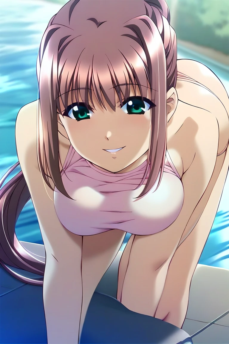 Highest quality,masterpiece、1 girl,Big Breasts,orgasm,blush, ((Sweat)),Ayumumo,Ayumu Momose,Long Hair,hair band, Stick your butt out、Leaning forward、Spread your legs、Cleavage、Embarrassed face、全身Sweat、vapor、(Pink Ranger、wetsuit)Fit、、The wind is blowing