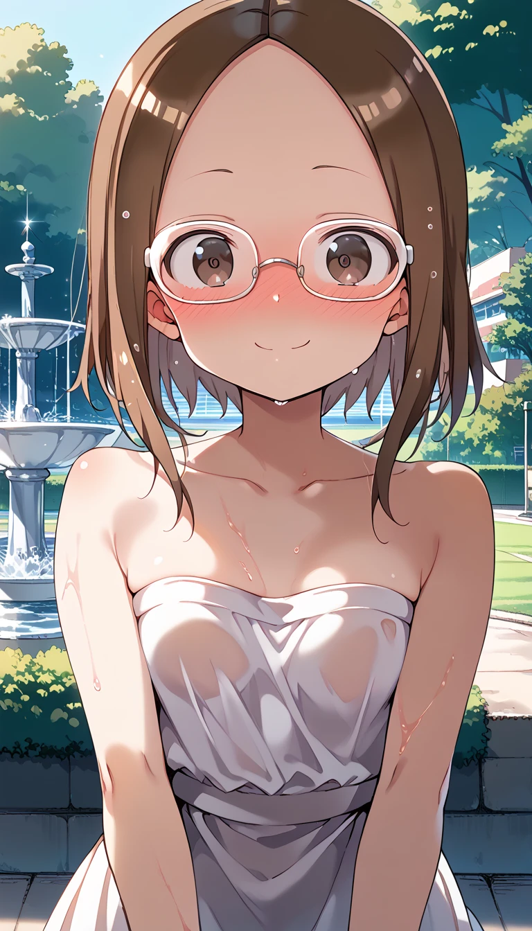 Completely naked Small breasts Transparent nipples Pale pink nipples Short bob at ear height Even bangs Black Hair Straight Hair Tilt your head Large square black-rimmed glasses Gentle Eyes smile Embarrassed Feverish face Blushing Red nose Blush all over face Outdoor field forest From the thigh up