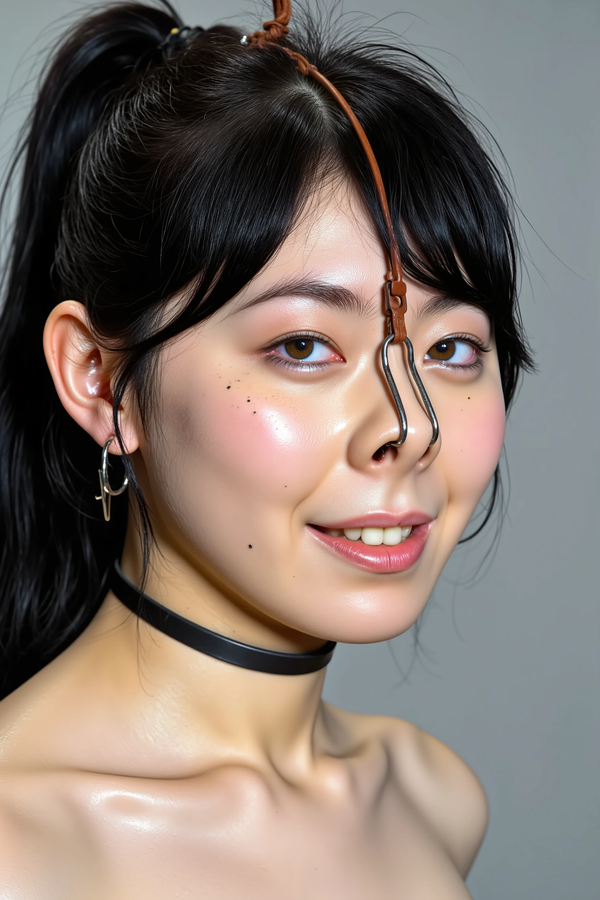 A high resolution photograph of a Japanese adult woman, masterpiece, photo-realistic, natural lighting, film grain, portrait, fashion shoot, solo, 1girl, off-shoulder dress, medium black hair tied back, detailed face, detailed eyes, sophisticated nose, pale skin, fine-textured skin, full smile, dimple on cheek, (pet-collar with tag, nose hook with chain wrapped around top of her head, nose hook makes her nose look like a pig snout, hooking in her nostrils:1.5), (profile, side view, view from below, facing up, chin-up, face focus:1.4), close-up of face, simple background,,[Chie Honma],