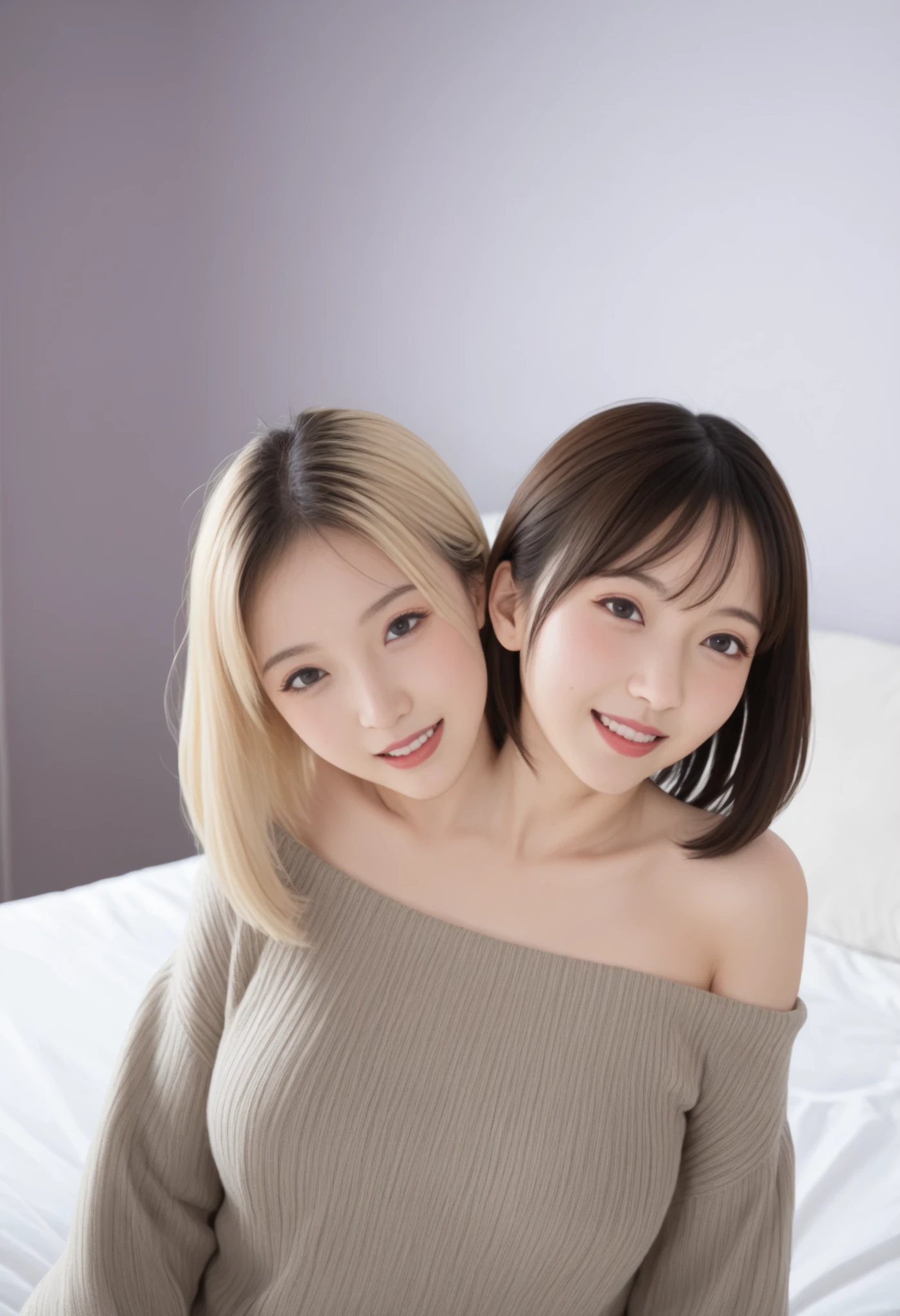 best resolution, different emotions ,different hair colors,crying woman with blonde hair, happy woman with black hair, 2japanese women with two heads conjoined, different faceshapes, round chin, sharp chin, bending over forwards, different hair lengths, short hair, long hair, forehead, bare shoulders, hair no fringe, fluffy beret, ,oversized baggy sweater, no pants, sitting on bed,