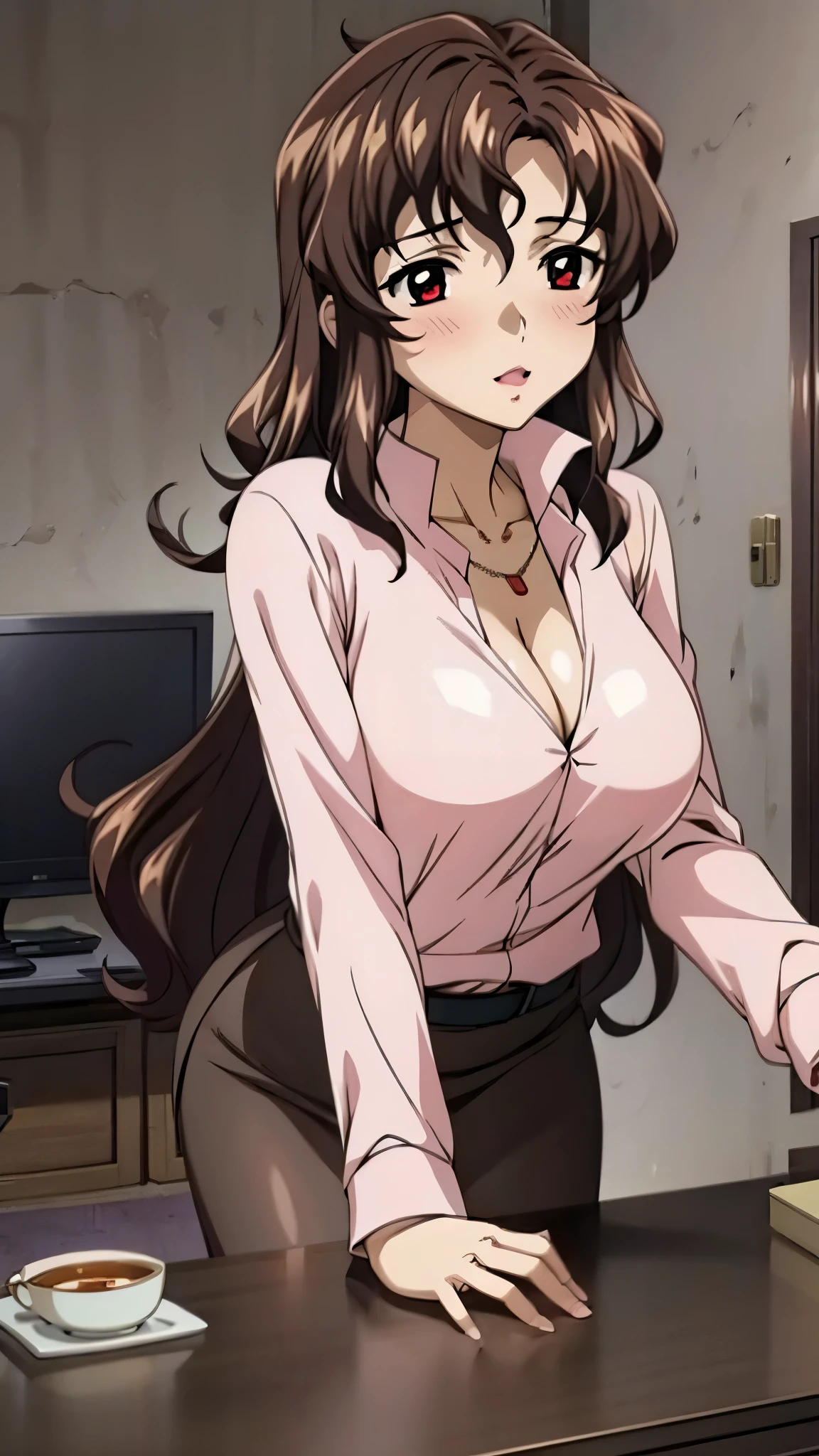 ((8k wallpaper of extremely detailed CG unit, masterpiece, 超A high resolution:1.2, top-quality:1.2, masterpiece, textures and maximum detail, Top quality real texture skins)), TakashiroHiroko, Red Hair, Nude, beautiful breast, Long Hair, Mature Woman, (Purple Eyes), Perfect Eyes, Perfect Face, Earrings, (purple eyes, long hair, red hair, earrings, jewelry, teacher, white blouse, yellow bowtie, purple blazer, red pencil skirt, thighhighs, white top, ), Vulgarityblush, nose, watch viewer, sexy pose, Embarrassed, Blushing, kneeling, sitting on her knees, spread thighs, sexy pose, ((hands pulling apart unbuttoned white shirt to reveal cleavage:1.5)), kneeling, eye contact with a man above her, a man standing above her, (looking up at a man:1.6), intense eye contact, (girl pressing against man's crotch standing directly behind woman), nsfw, excessive cum on breast, thighs and floor, nipples, areola, cleavage, (looking up at viewer), (view from the top)