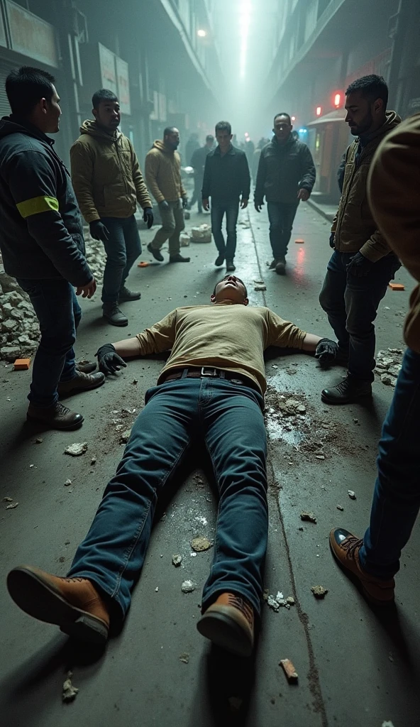 A fat strongman lies on the floor in the lobby of the Moscow metro and a crowd of women with their children in winter boots and shoes and winter clothes tramples on him. At the same time, dirty marks remain on the strongman. People should be right next to the strongman on his stomach and chest.