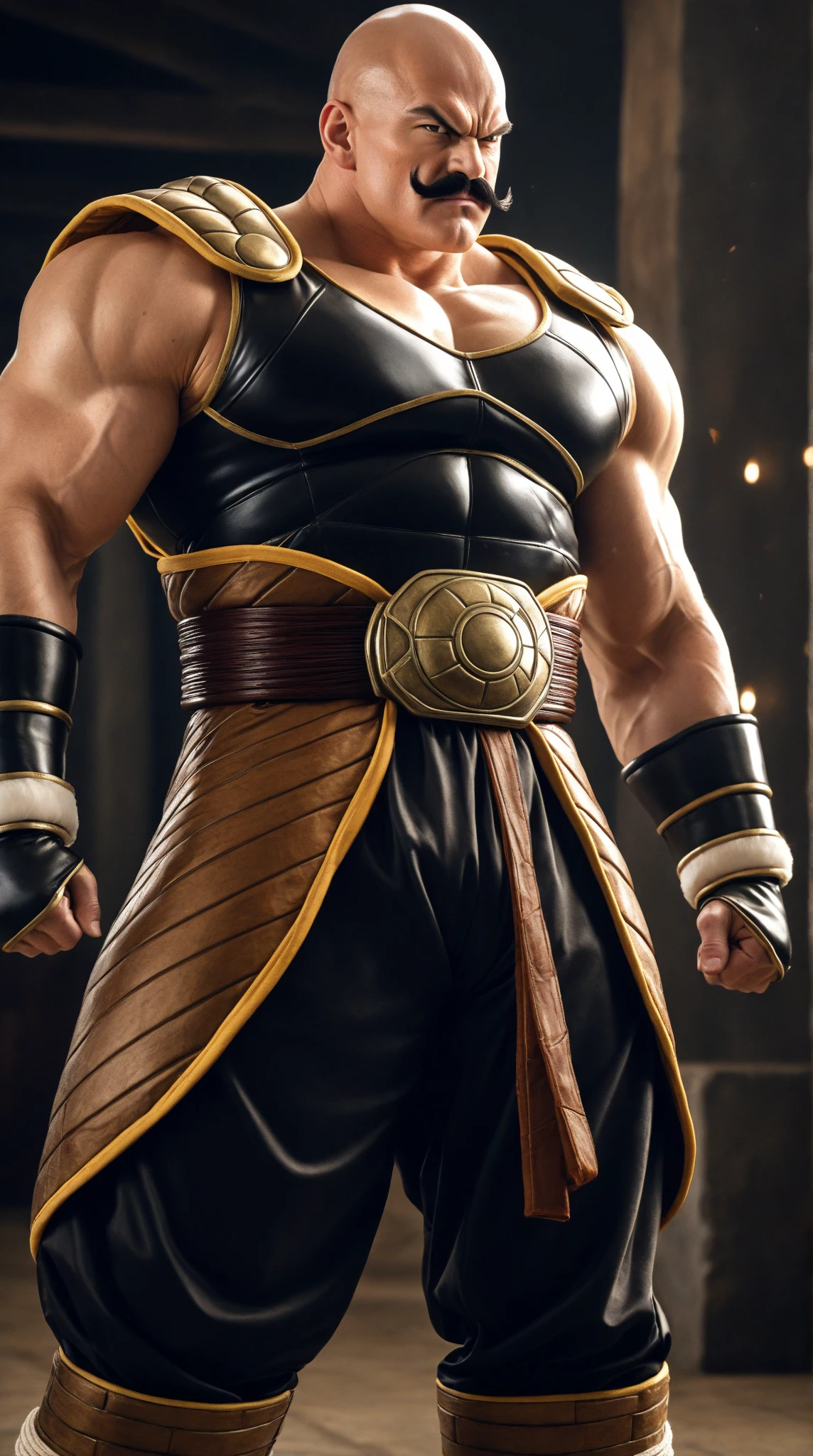 nappa, male focus, solo,cowboy shot, 1boy, bald, nipples, muscular male, abs,black vambraces, veins, pectorals, thighs, black eyes, topless male, mustache, ((micro-armor)) , tail around waist,  (best quality, masterpiece) , stripclub , full body , black boots