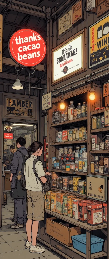 ("Thanks cacao beans!"A price tag with),canned coffee piled up nicely,General store,advertising signs line up in the corner,dynamic typography,big logo