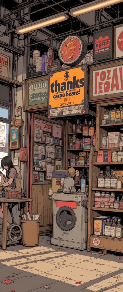 ("Thanks cacao beans!"A price tag with),canned coffee piled up nicely,General store,advertising signs line up in the corner,dynamic typography,big logo