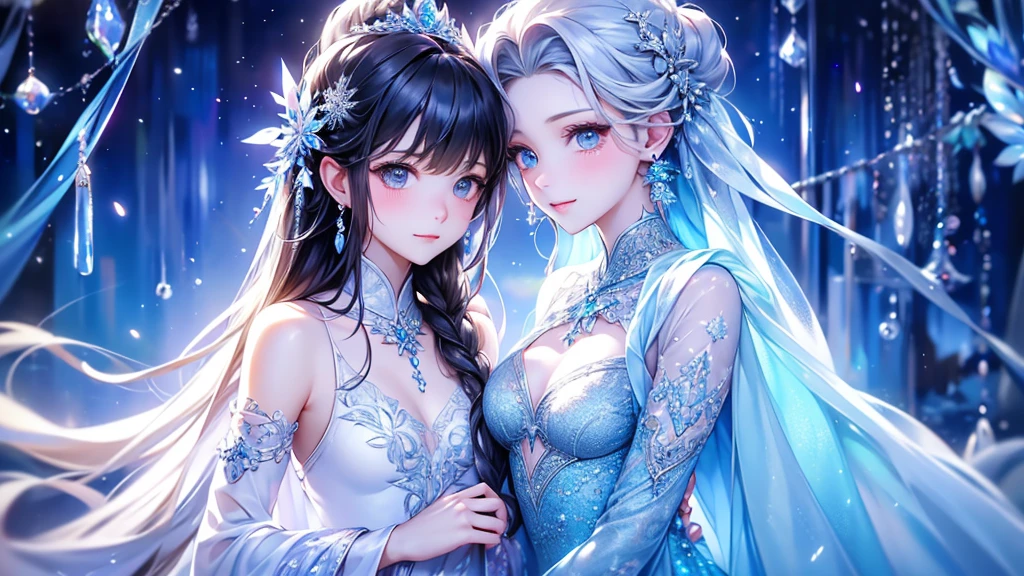 masterpiece,best quality,official art,extremely detailed CG unity 8k wallpaper,in winder,day,snow,beautiful detailed sky,girl,long hair,beautiful detailed eyes,looking at viewer,grin,red eyes,medium breasts,汉服,撑着红伞,精致的面容