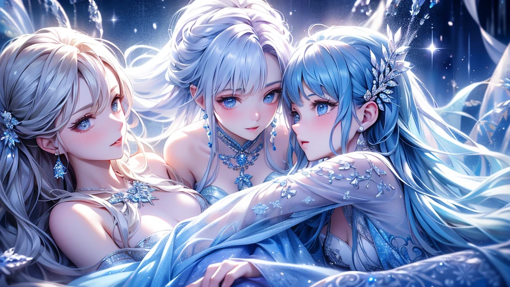 (long shot:1.5)wood, Exquisite mini ice spikes and crystals, Frozen waterfall in the background, Light reflected by ice crystals, Flowing snowflakes.1 girl, Beautiful woman、pretty girl,A realistic person,Beautiful cleavage,small breasts