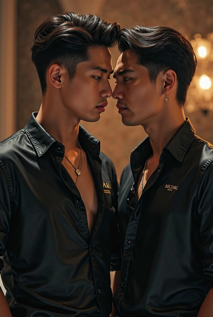 Masterpiece, Best Quality, two men, handsome tanned 25 year old Korean Man dressed like a smart mafia gangster with tattoos, rugged 25 year old very fair taiwanese man dressed like a poor roadside hawker, hugging each other, kissing while directly looking at each other lovingly, delicate stylish hair, exposed chest, holding hands, breast grab, sharp focus, photorealistic, perfect hands, perfect fingers, perfect faces, full body in frame, zoom out, perfection, creative artistic framing, cinematic movie poster style, hongkong in the 70s setting, soft lighting, romantic atmosphere,