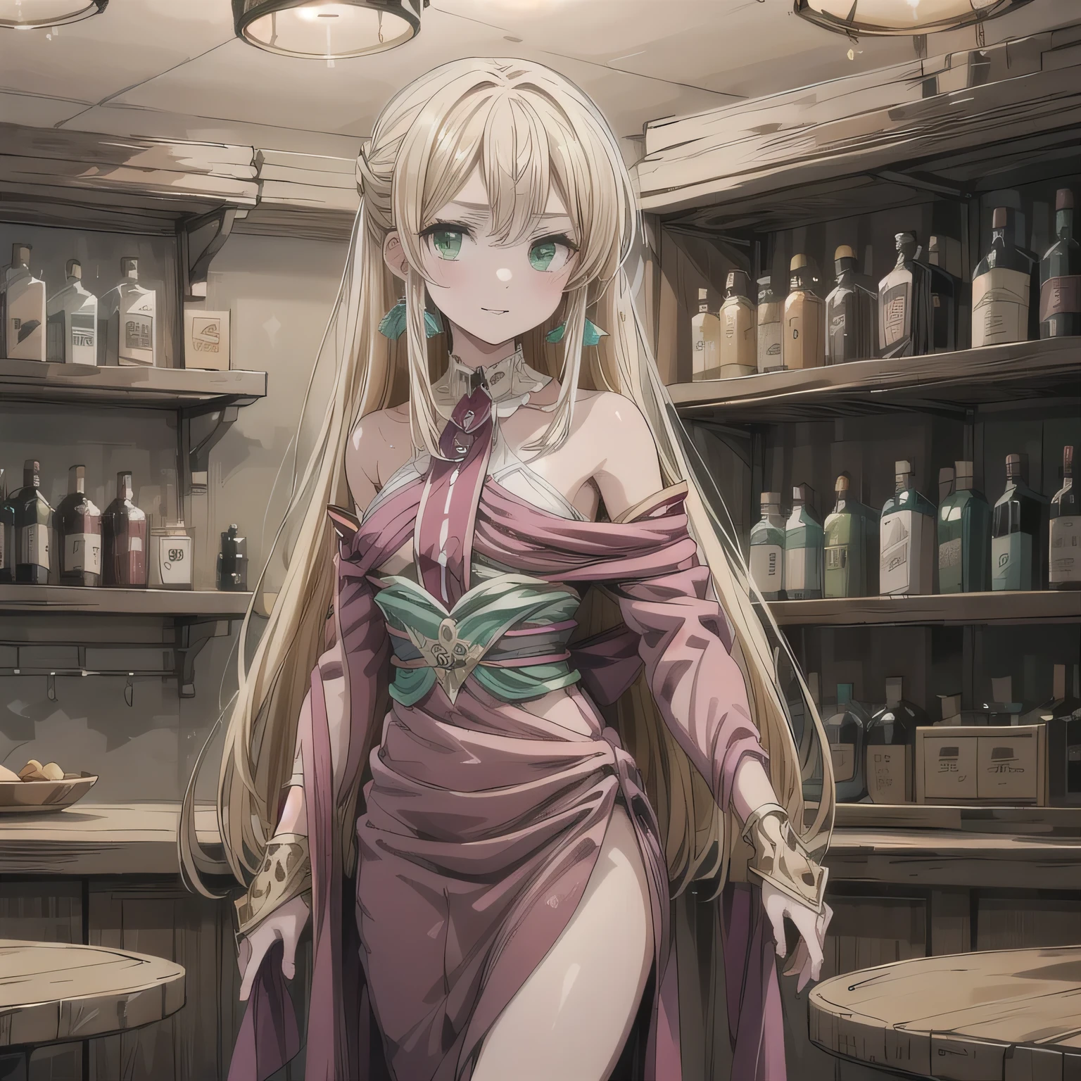 detailed, 1 adult woman, solo, jewel accessories, detailed green eyes, white hair, long hair, a ponytail, pale skin, colourful, magic shop, colourful round arabic lamps, magic, magical, gemstones, jewels, transparent shawl, barefeet, barefoot, bikini dress, sexy, big round breasts, cleavage, ethereal, exotic shop, sitting, seated, indoors, starry ceiling, a bard holding a lute, she's in a dark wooden room with little light, Exotic warm colors in a mysterious and sexy theme, RPG, Art RPG, Arte medieval, Arte de RPG medieval, crowd,