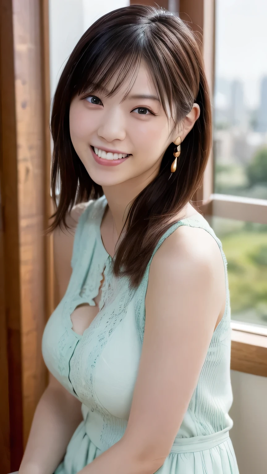 1 Japanese beauty , depth off field, first-person view, f/1.8, 135mm, Nikon, 超high definition, retina, masterpiece, accurate, anatomically correct, textured skin,Very white skin、 clear skin 、 Super Detail, high detail, high quality, Best Quality, high definition, 1080P, high definition, 8k, (big boob:1.2), (cleavage of boob:1.2)、Japanese beauty 1 person, (Big round eyes:1.4).(she has heterochromia, and her eyes are different colors, which makes her incredibly captivating)、(Drunken Blush Makeup)、round face、She is smiling very happily、INSANELY BEST SMILE、is smiling with her mouth open、Her front teeth are neatly arranged、cute little vampire fangs、(Braided Top Knot,twisted side part ponytail、Braided Headband,half up、Braided Space Bang,voluminous fishtail braid,Twisty Bang)、(She's wearing a sleeveless lace blouse(pale mint green))、office at sunset、She is sitting in a window seat、I can see a skyscraper city out the window