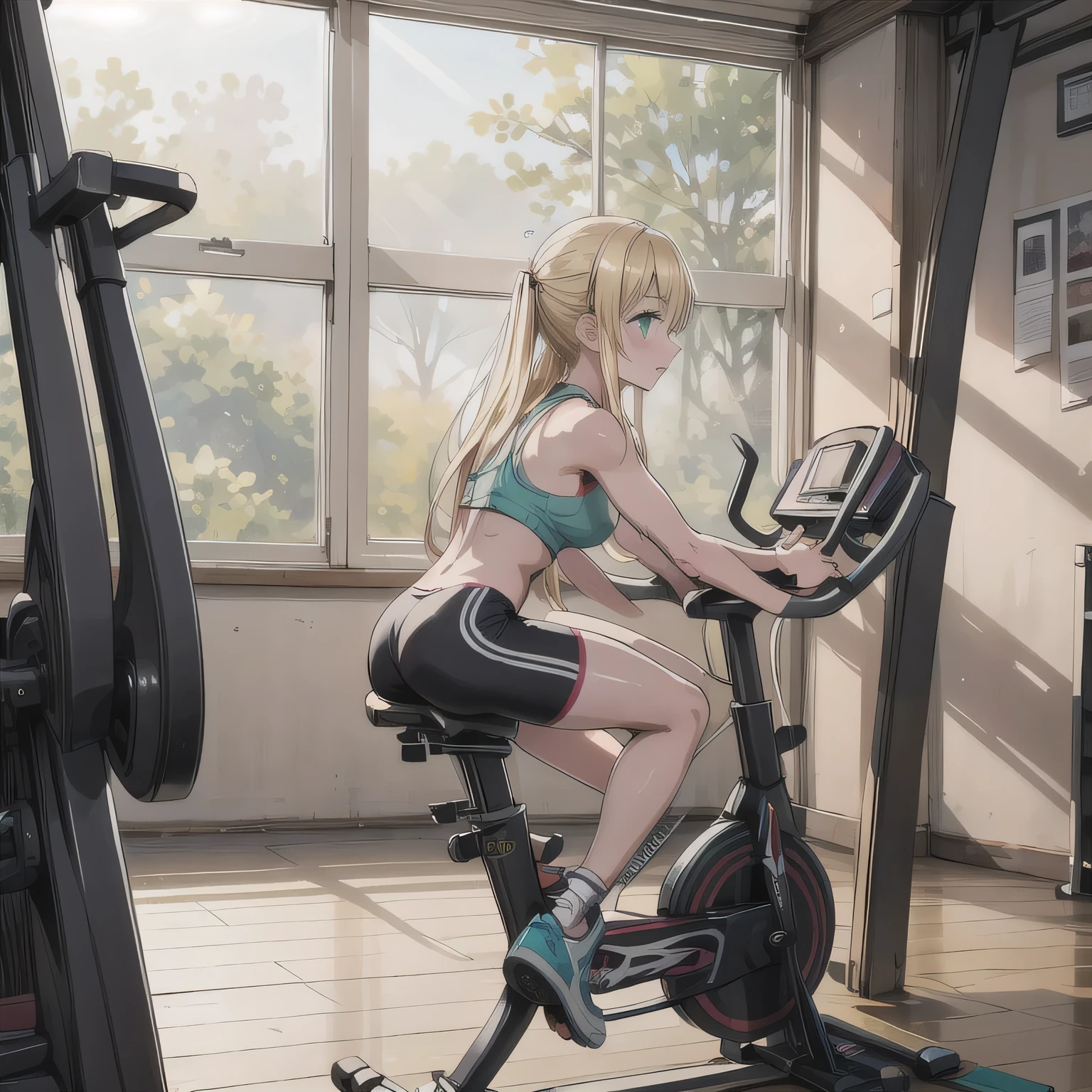 elf cute anime girl sitting on gym cycle saddle cushion, dolphin shorts,