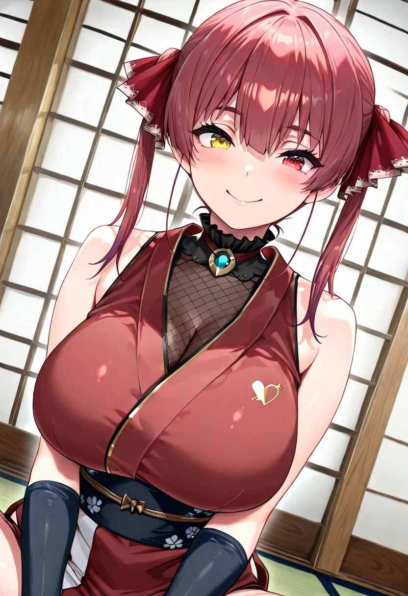 alone, One girl、Crown braids in the same color as your hair, hair ornaments, Hair Ribbon,(Red Chinese Dress)、Red Eyes、Black Hair、(blush:1.5)、(Embarrassed face 1.4)、Larger breasts、Dressing room、I can see from the knees up
