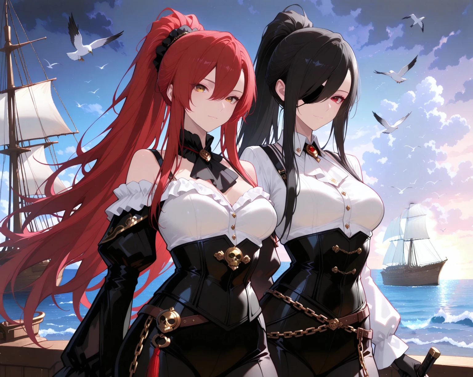 A woman wearing a white sleeveless shirt, black coat with red details, short red skirt, black hair, red eyes, pirate commander's hat, in a 1700s style naval shipyard, with golden chest, large breasts, smiling,very detailed, masterpiece, high quality, ultra resolution, 4k hd.