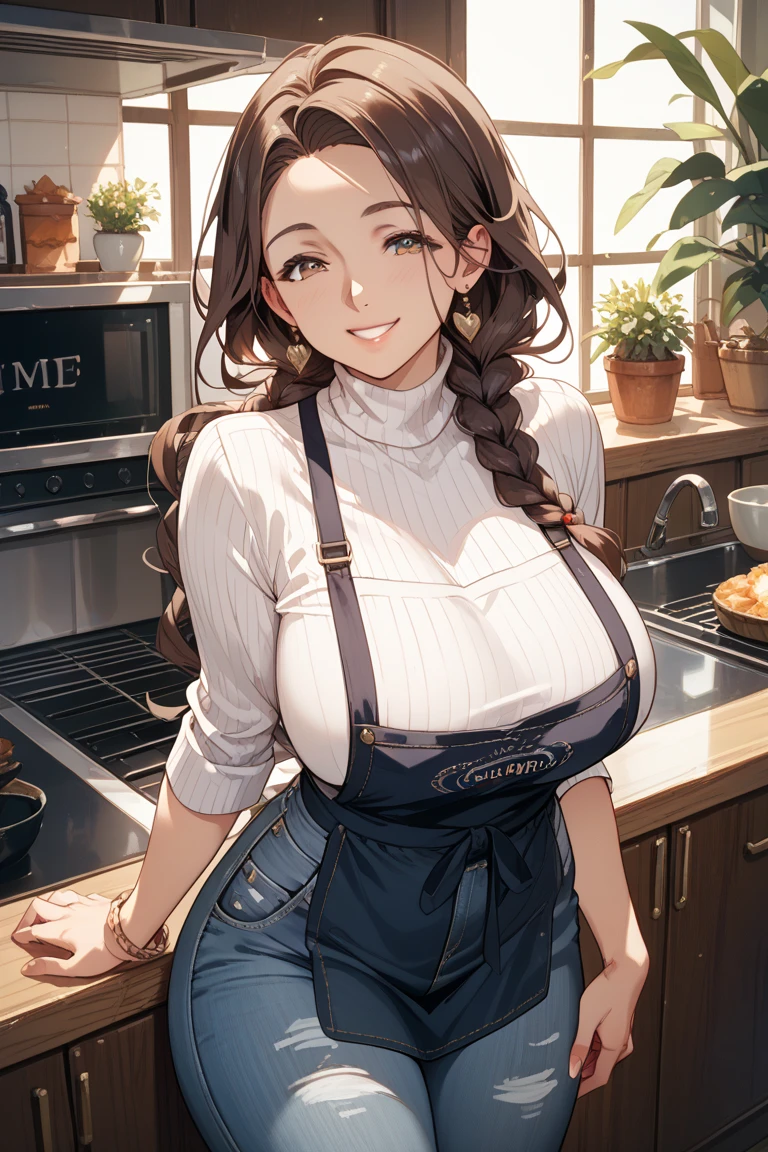 (Best quality:1.3), nakano miku, brown long hair, hair between eyes, (naked:1.3), (apron), cleavage, busty, standing, (pov), smiling, cafe
