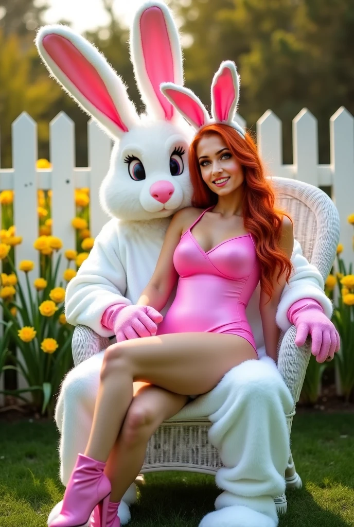 giant easter bunny costume monster carries faint limp topless beautiful horny aroused bikini young teen girl in his arms embrace sitting on lap kissing