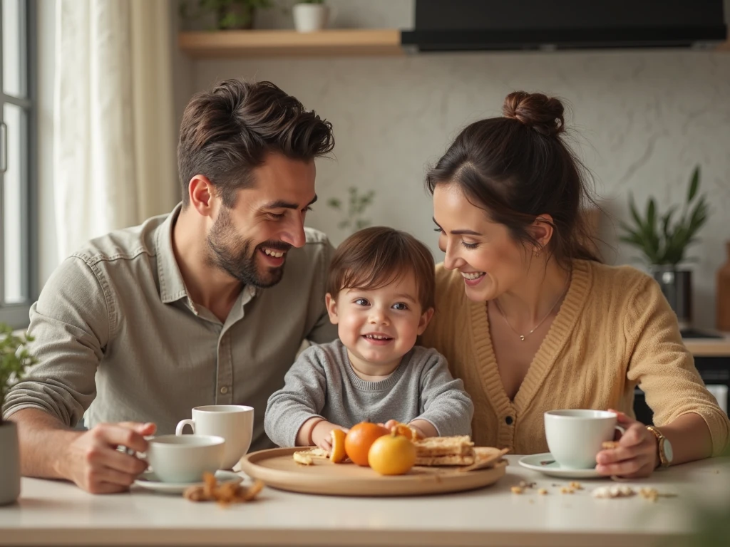 A hyper-realistic image of a Latin American family having breakfast in a large kitchen. The scene must include six people: the parents, two children, and two grandparents, all of Latino descent, with no white individuals. Everyone is shown enjoying chocolate as part of their breakfast. The kitchen is modern and well-lit, with natural light streaming in through large windows. The grandparents are clearly visible, interacting warmly with the children and parents. The image should capture detailed expressions and vibrant colors, emphasizing the joyful connection between the family members as they share a meal together.