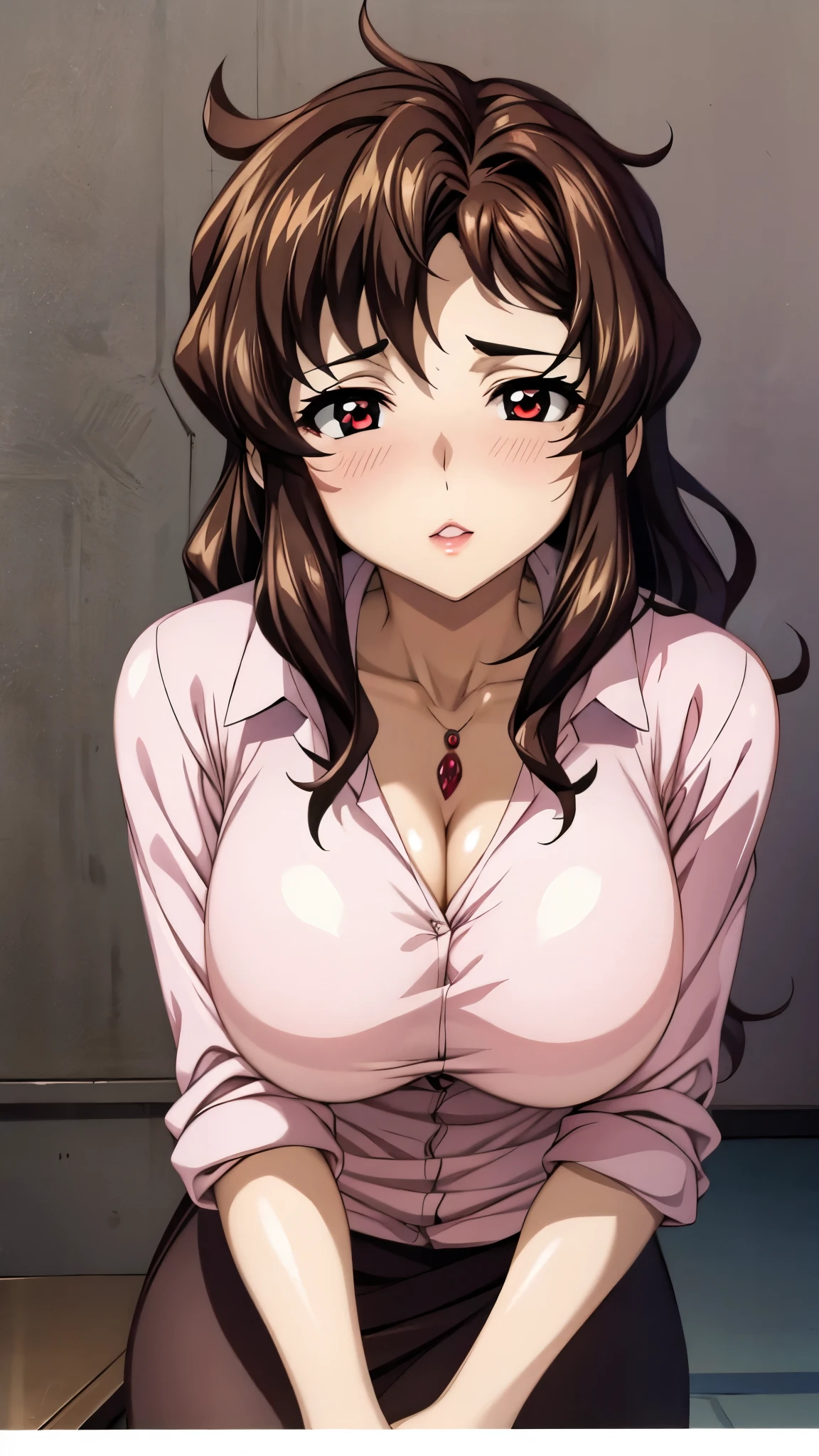 1990s anime cels style, 1990s manga style Aiko Katsuragi, best quality, high resolution, mature female, milf, 1girl, huge breasts, labcoat, makeup, lipstick, brown eyes, folded ponytail, brown hair, cleavage, eyeliner, eyeshadow, (caring look:1.1), smile, look at viewer, (vulgarity:1.4), (nose  blush:1.2), happy, open mouth, tongue out, medical room, vivid colors